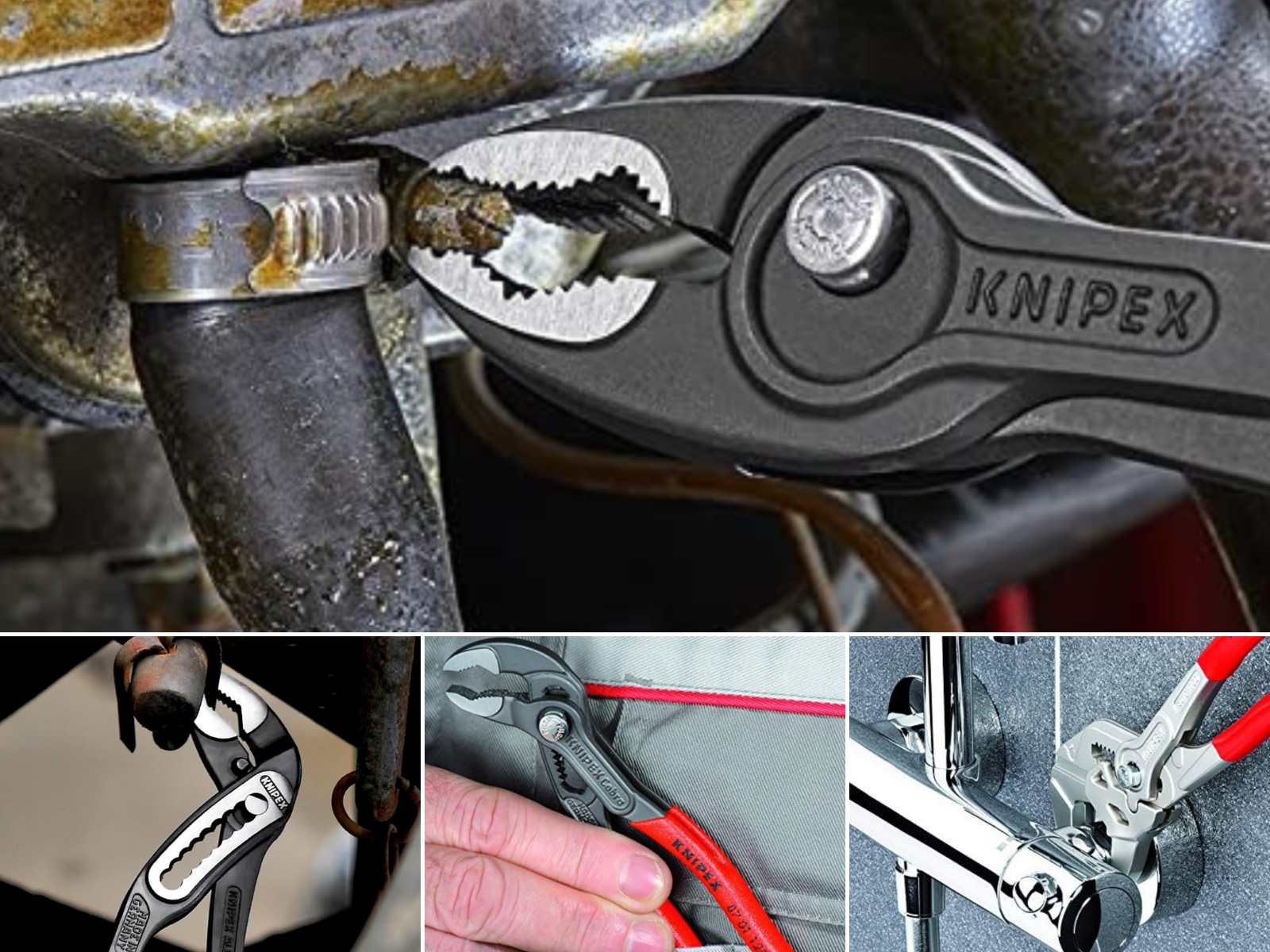 Pliers being used on a car, cotter pin, and bathroom faucet while a man is putting the small pair in his pocket.