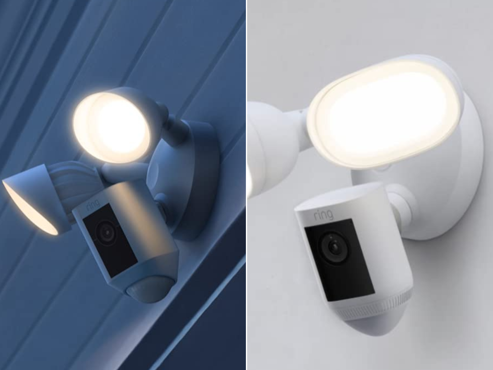 A floodlight camera in partial darkness, and a floodlight that has a birds eye view feature.
