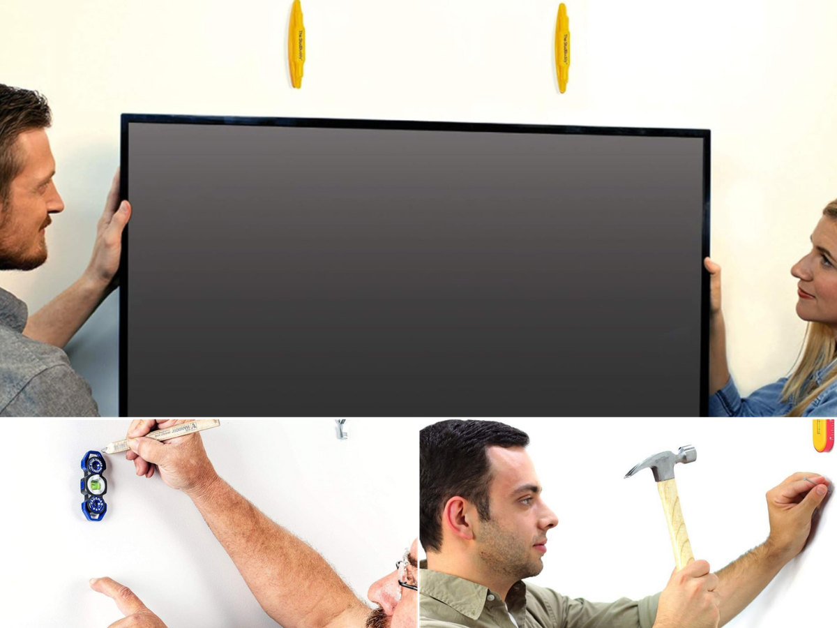 A man and woman hanging a TV, a man putting in a nail, and another setting up a picture frame.