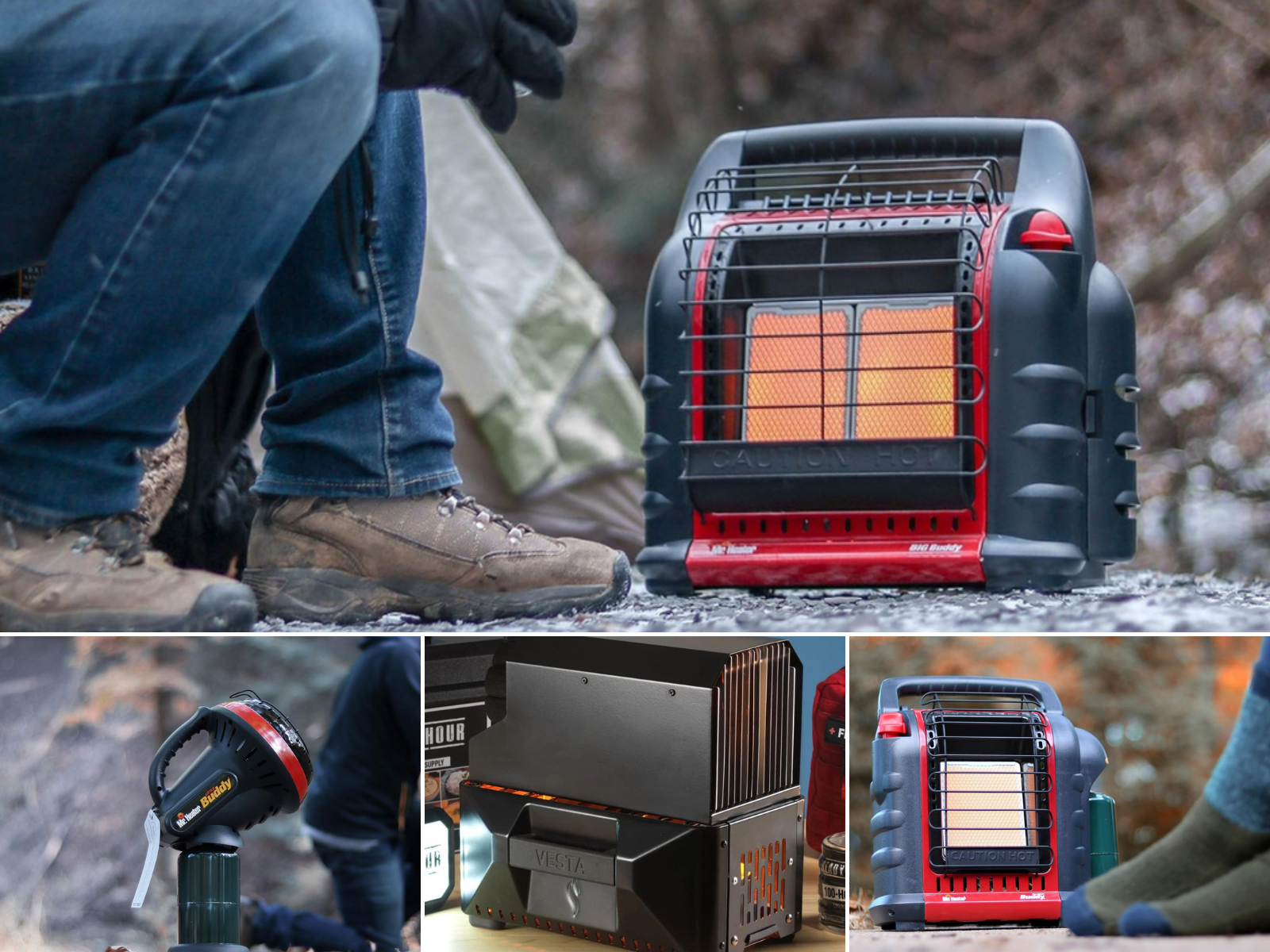 Four different scenarios with people using camping heaters to stay warm while outdoors with propane or other fuel