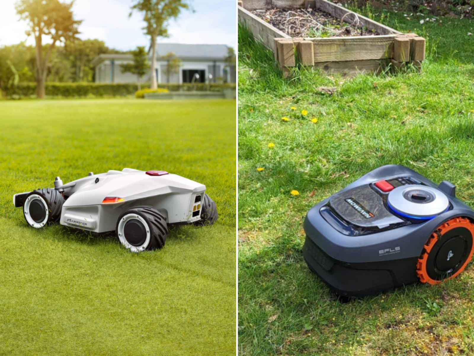 A robotic mower on a well groomed lawn, and another mower in a backyard mowing around trees and flowers.