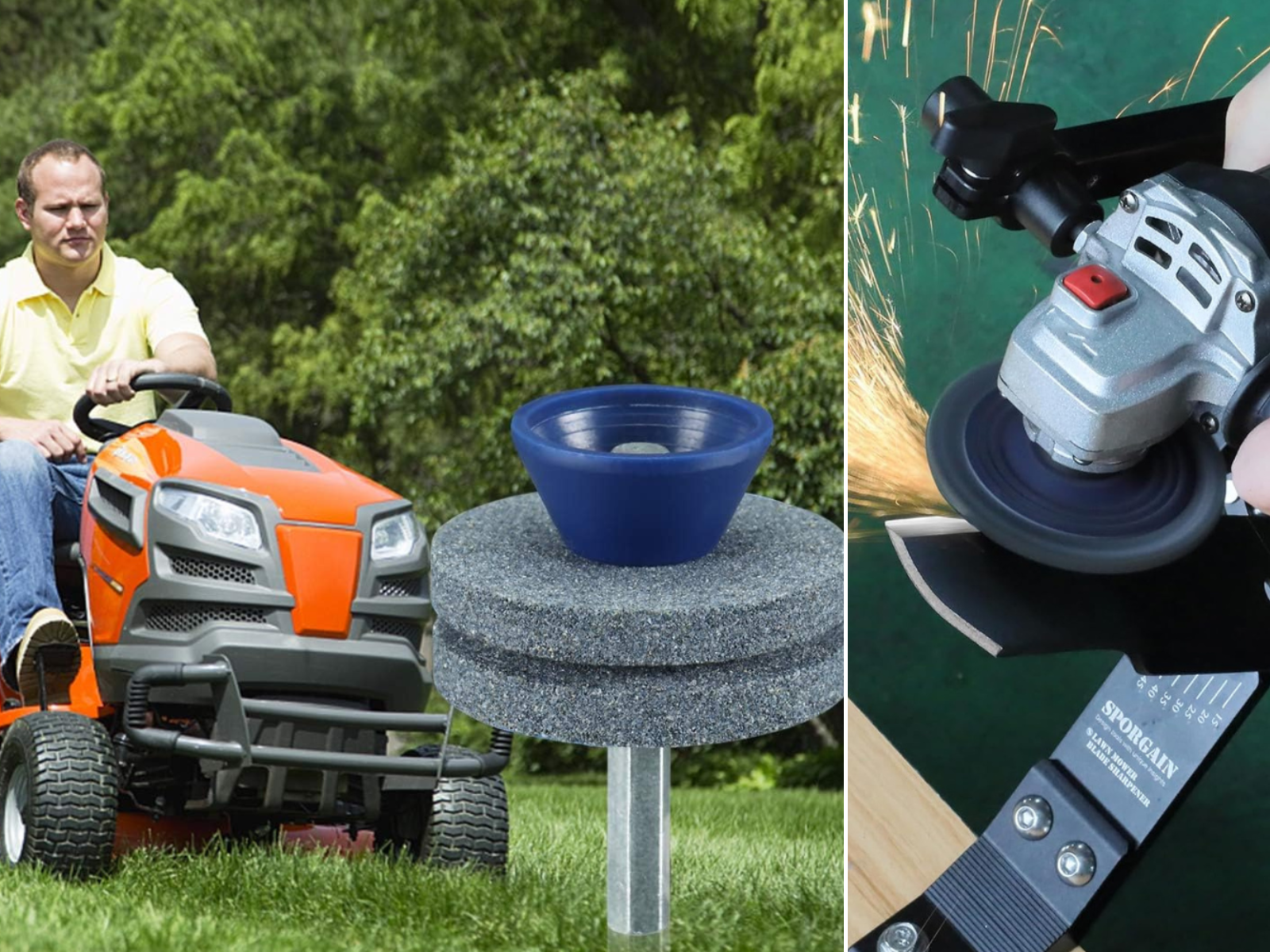 A man mowing on a riding lawn mower and another sharpening a blade with an angle grinder and fixture.