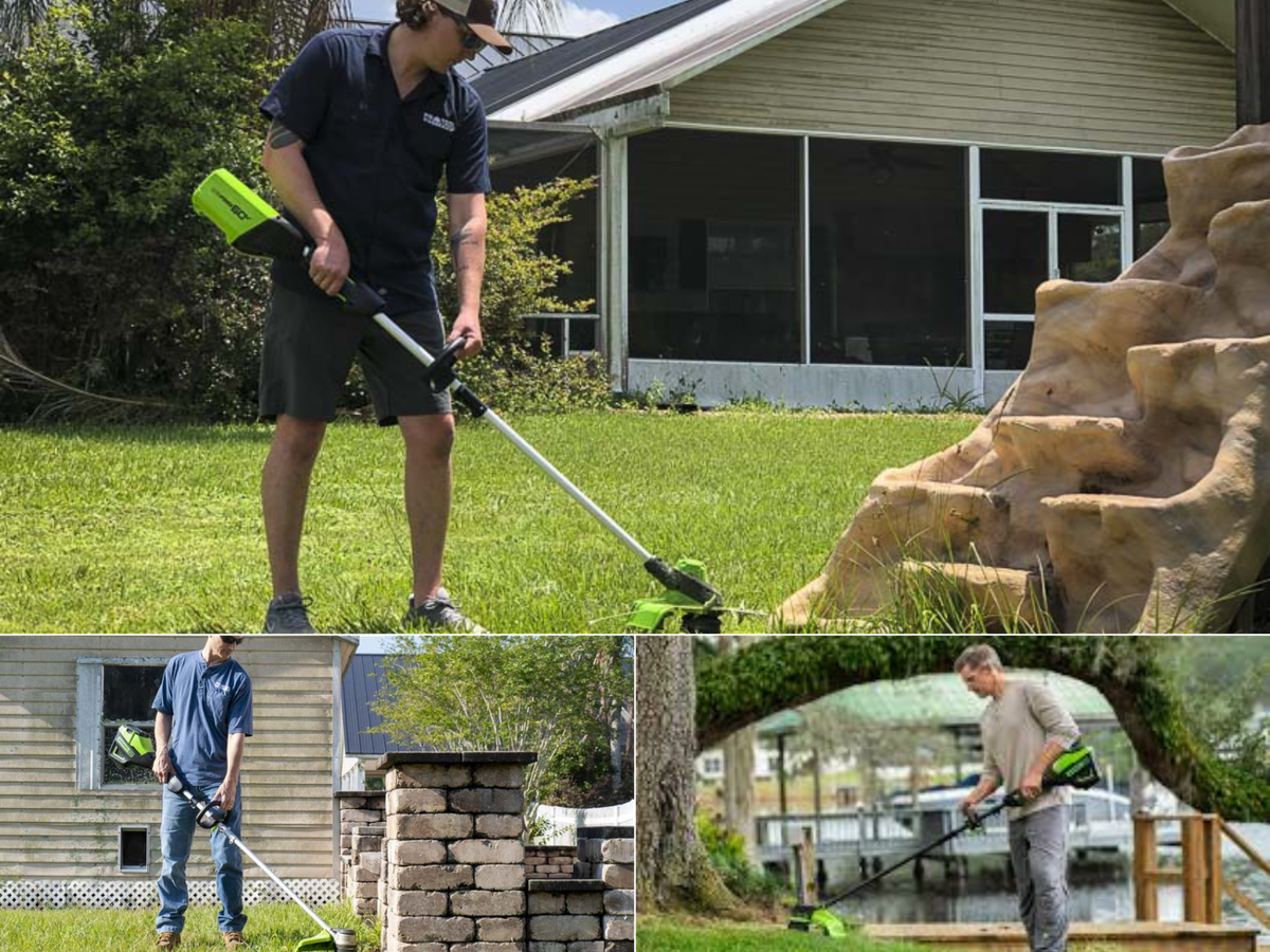 3 men using Greenworks Trimmers in yards, around trees and existing structures.