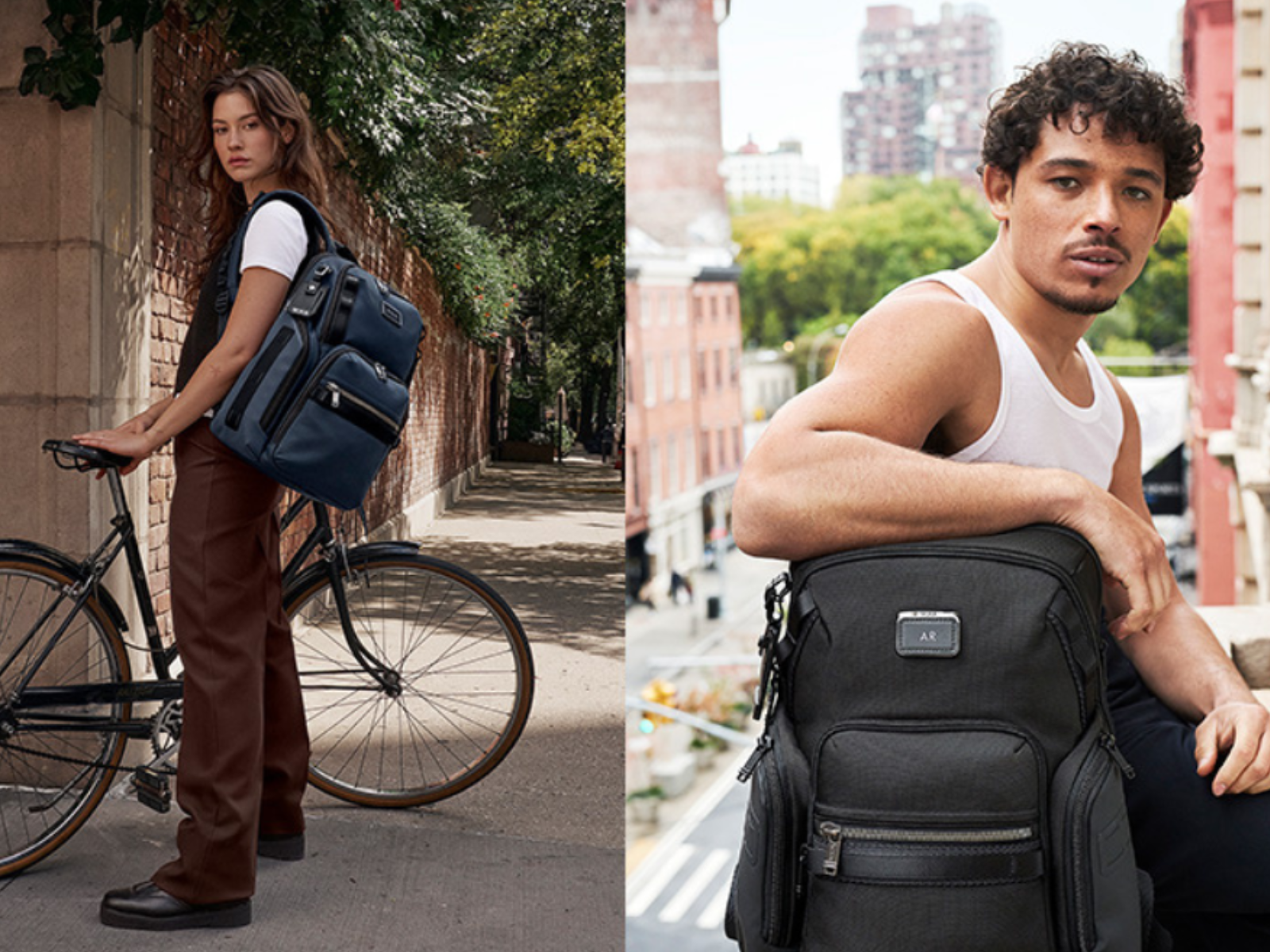 A woman with a bicycle is wearing a backpack, and a man is sitting with his arm on his Tumi Alpha Bravo pack.