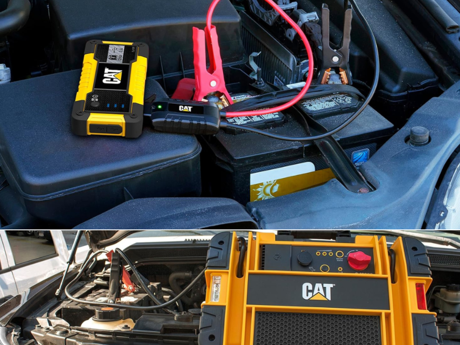 Caterpillar lithium jump boxes hooked to a car, and another is hooked to a truck.