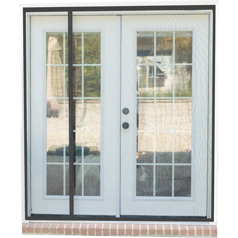 A magnetic door screen on a sliding door sitting on a brick base entry.