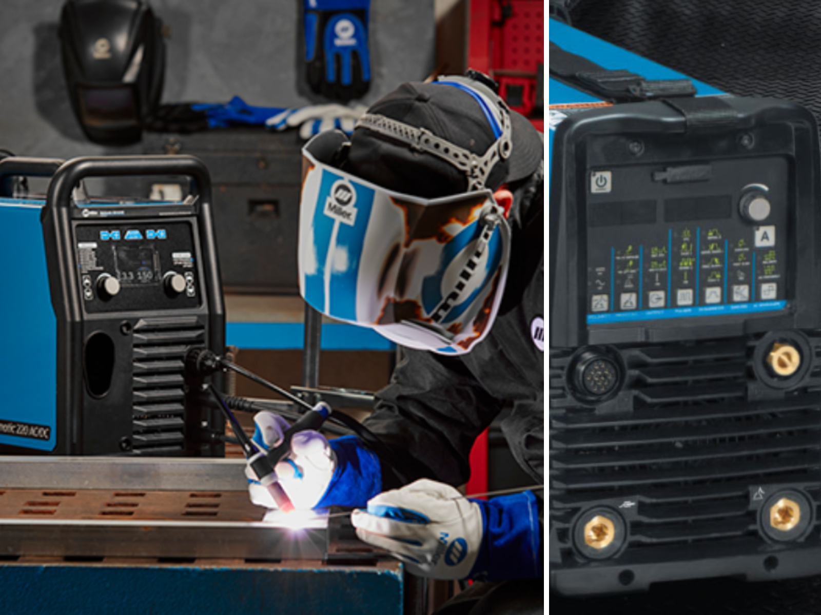 A Miller TIG display view, and a man using a TIG to weld on a table.