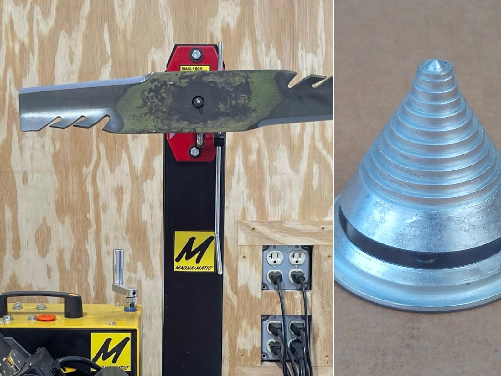 A magnetic balancer with a blade on it and a cone balancer sitting on a bench