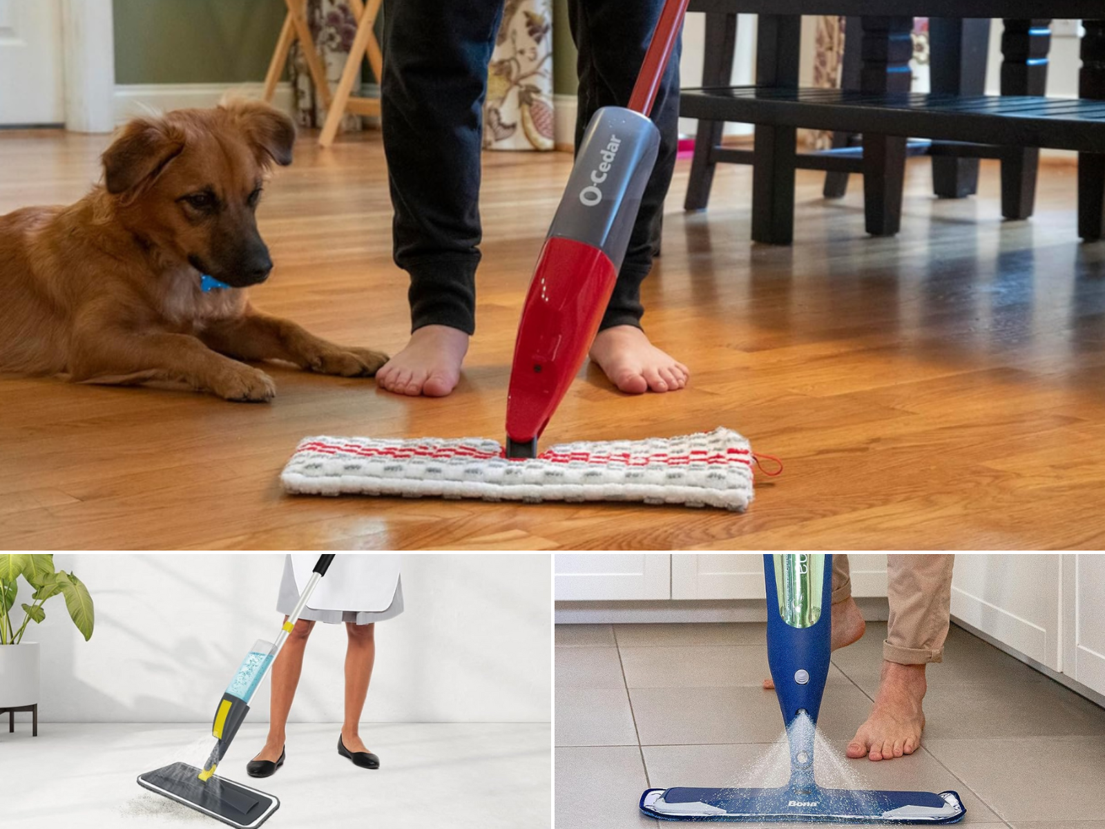 A man using a mop near a puppy, a woman cleaning, and a barefoot man spray mopping his floor.