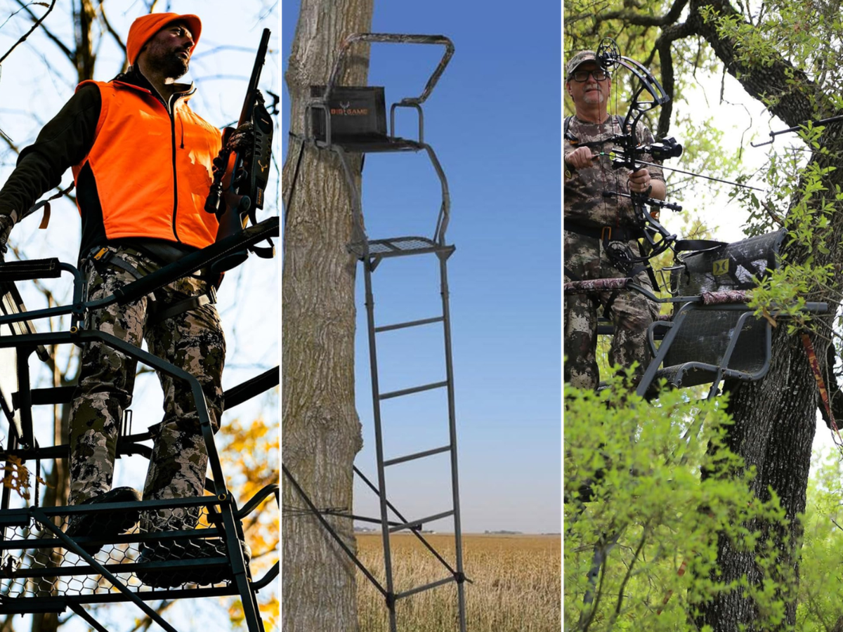 A man hunting with a gun, an empty ladder stand, and a man bow hunting from an elevated tree stand.