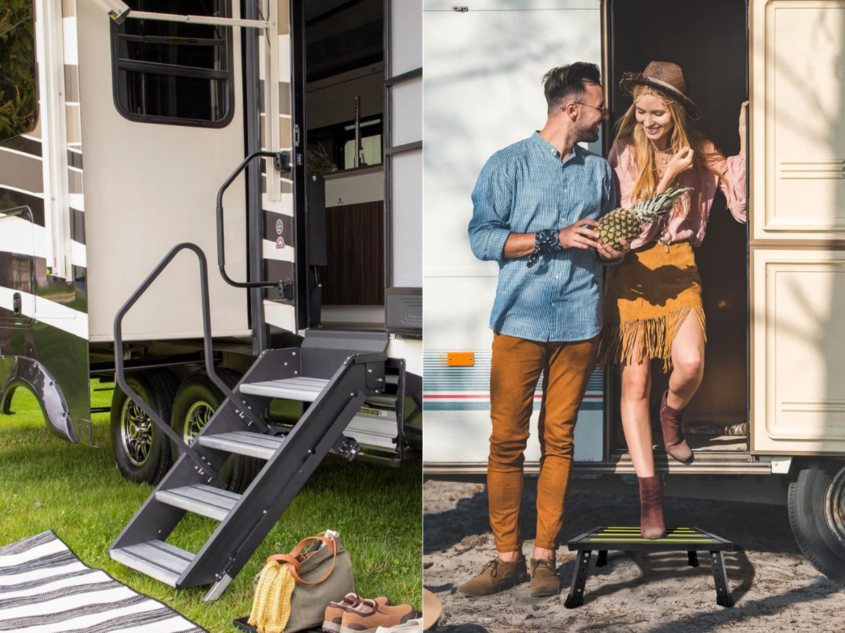 A pullout camper with a 4 step entrance, and a couple exiting an RV on to a step platform.