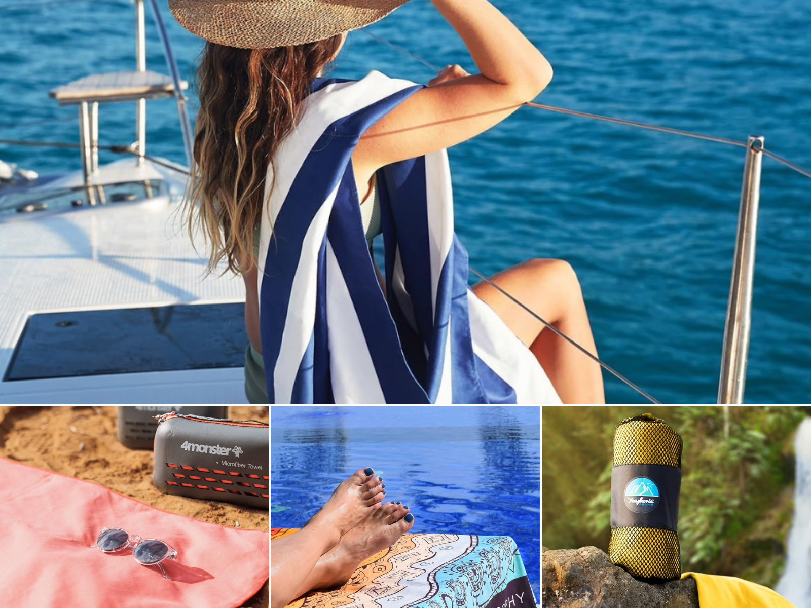 A woman on a boat with a beach towel, another towel on the beach, a woman in the sun, and compact carry bag.