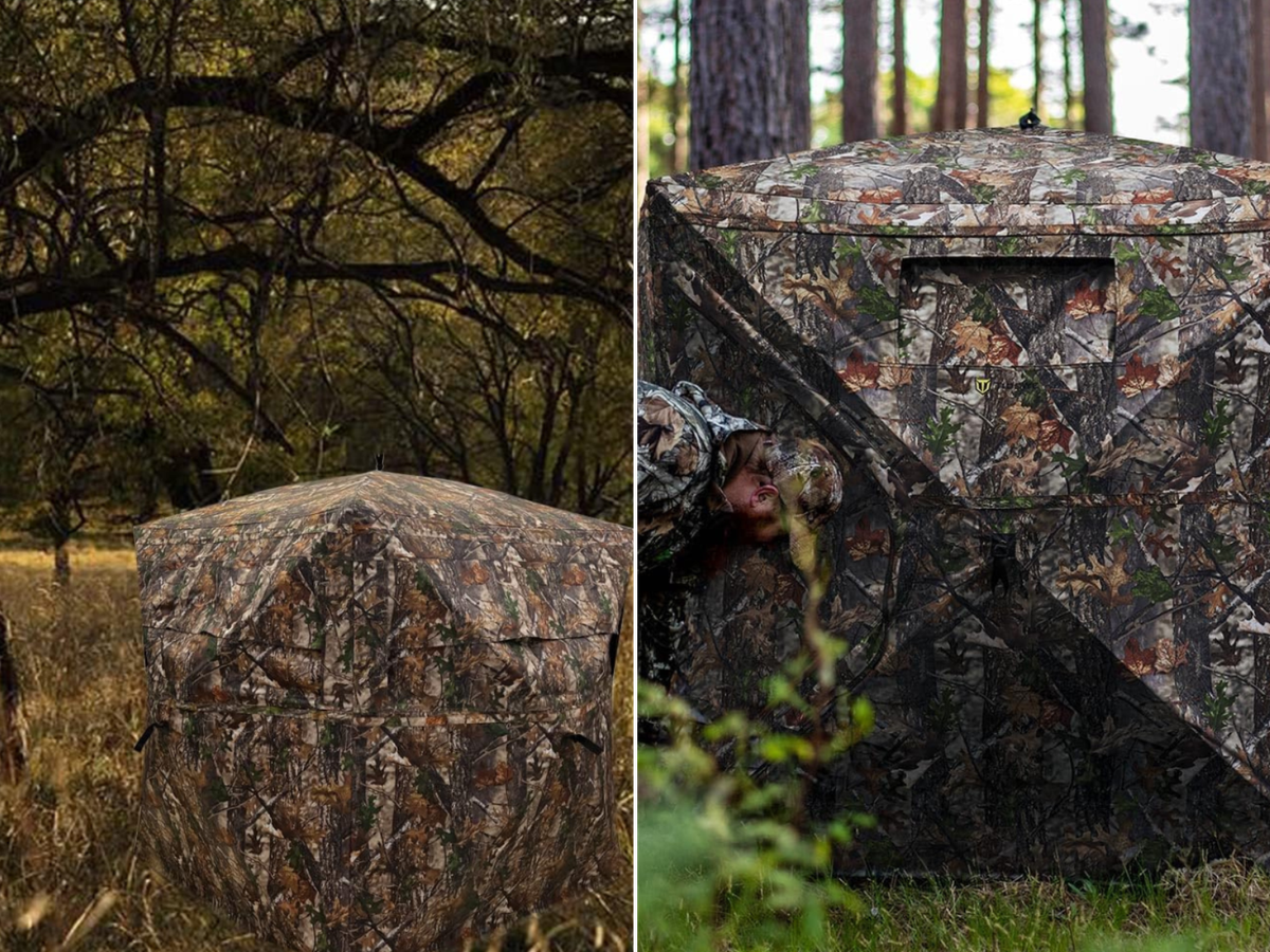 A blind set up in a field, and a man sitting up his blind for hunting