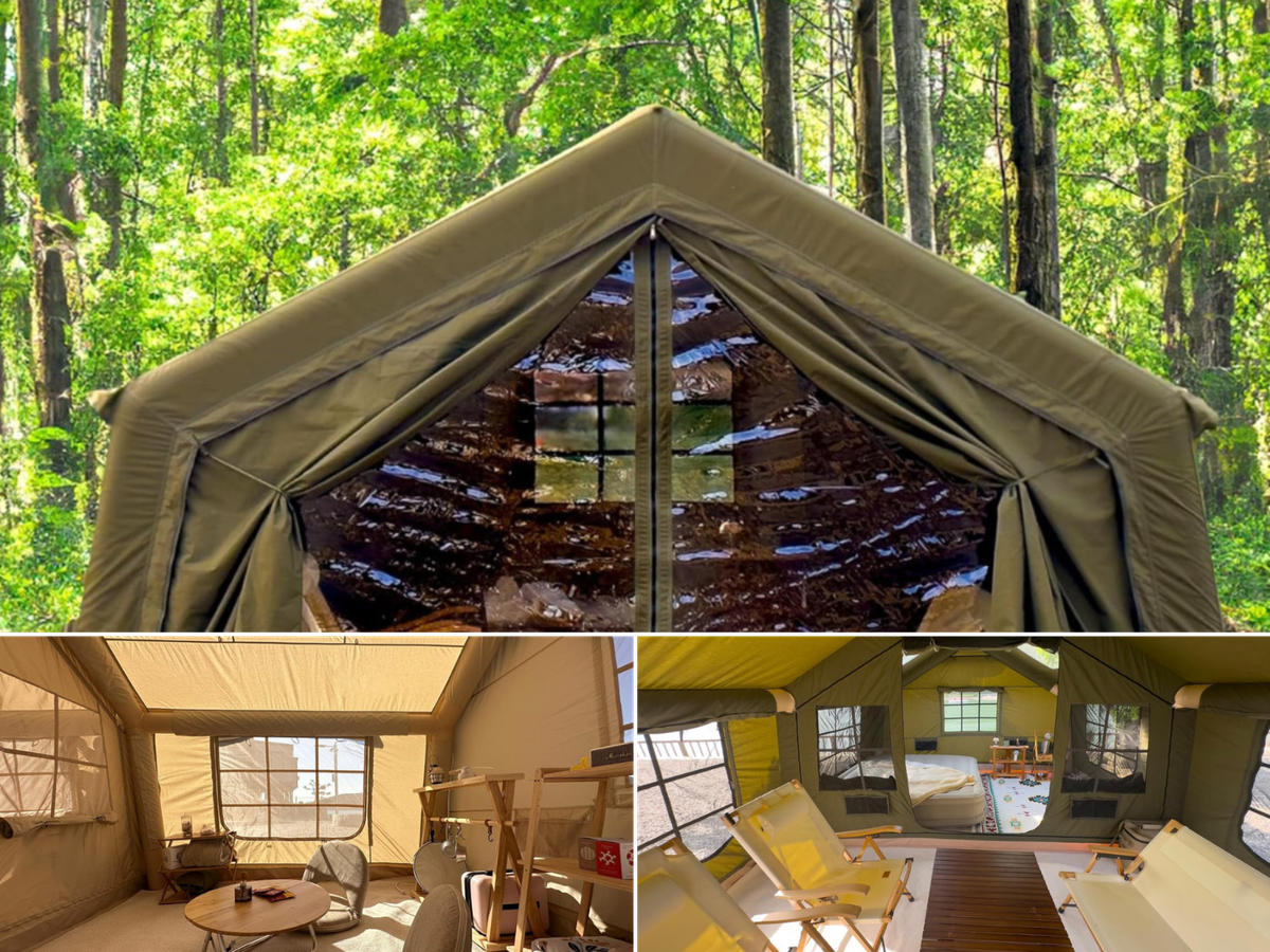 A tent inflated in the woods with clear entrance doors, and the inside of tent showing beds and open space inside.