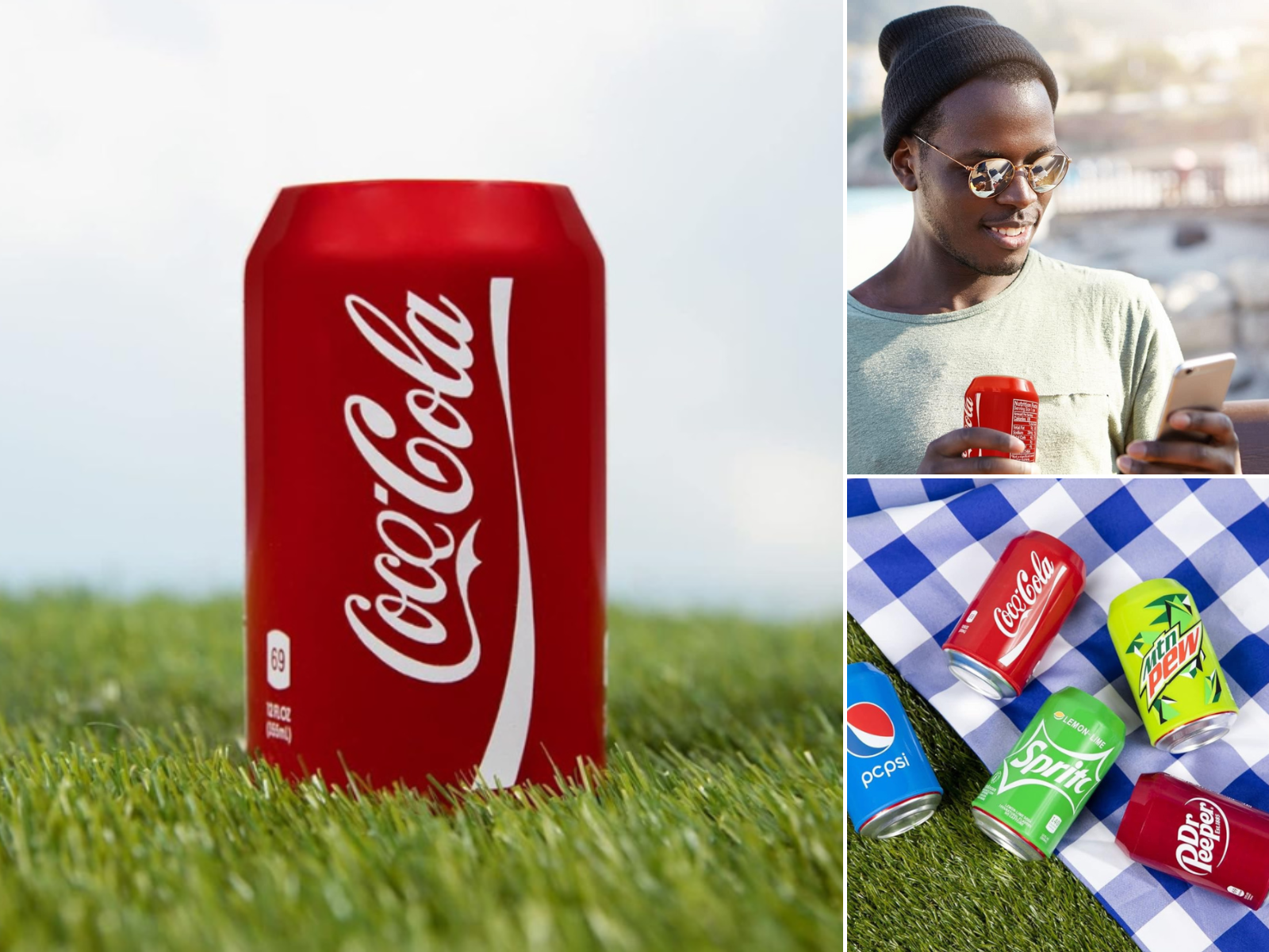 A Coca Cola can cover, a man holding a covered beer and looking at his phone, and 5 different Can Covers like sodas.