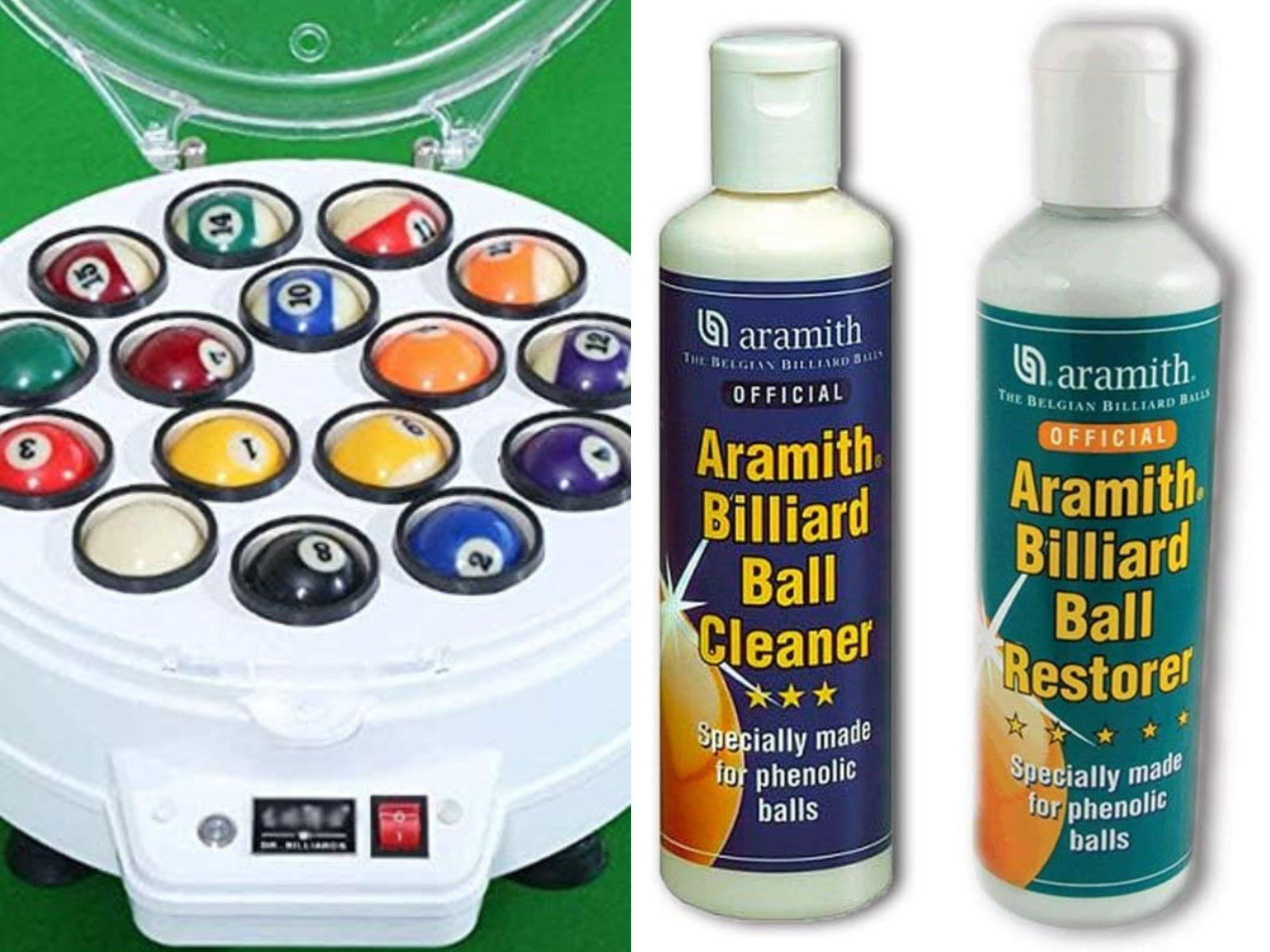 A billiard ball cleaning machine with balls inside, liquid cleaner and restorer for pool balls