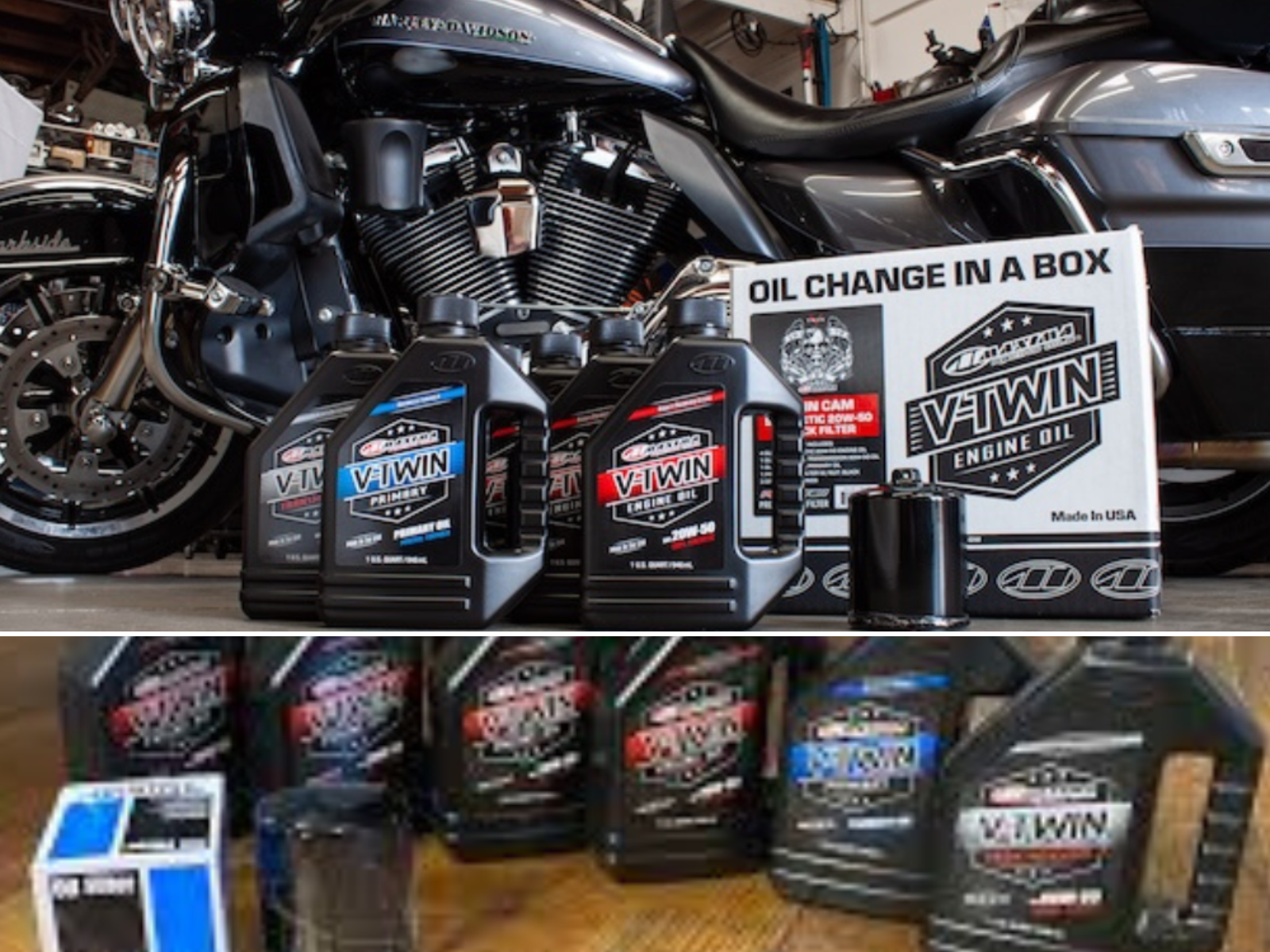 An oil change kit with filter, oil, primary oil, and gear oil and the kit sitting beside a Harley Davidson.