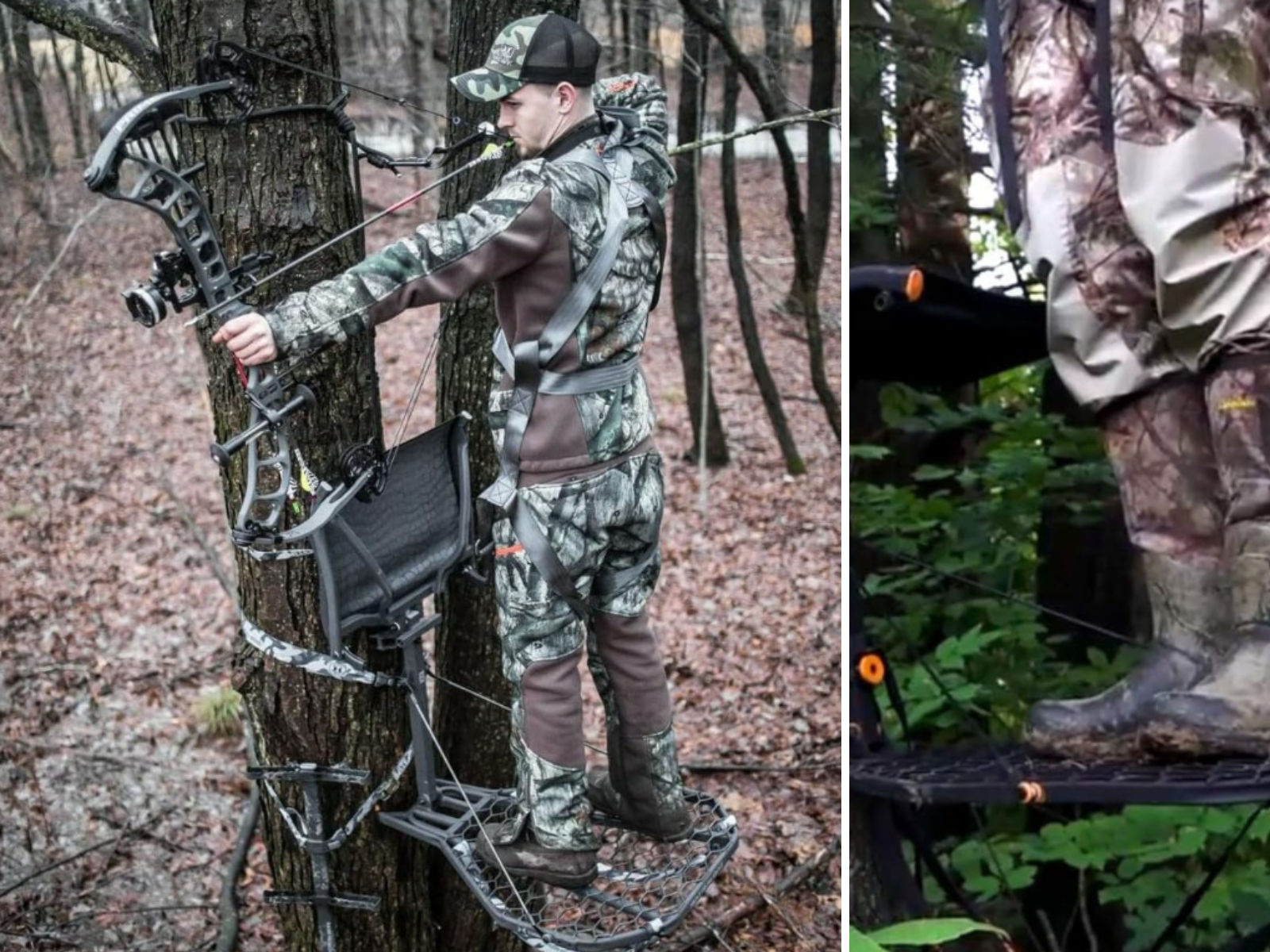 A man in a tree stand with his bow ready to fire, a close up look at a hang on stand with someone standing on it.