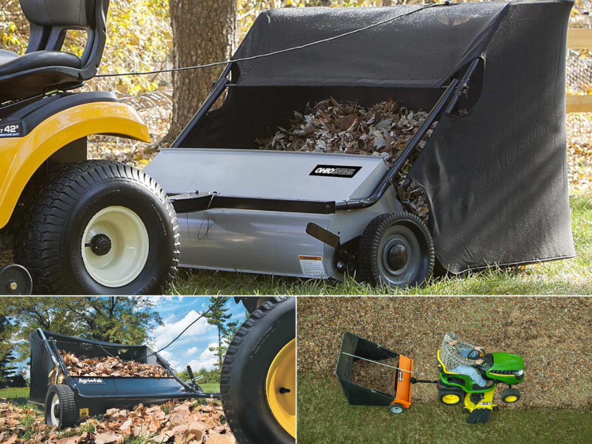 People picking up leaves with a pull behind sweeper towed by the lawnmower.