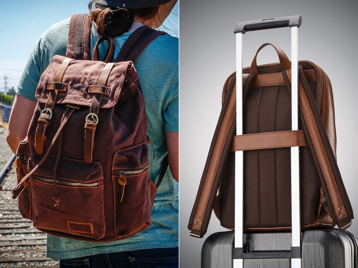 A person wearing a backpack made from leather, and another leather pack attached to a suitcase handle