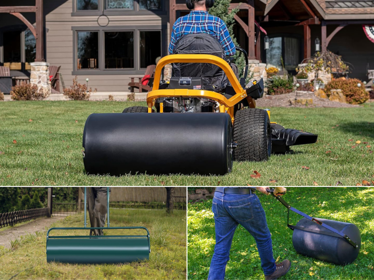 A man pulling a roller with a zero turn lawn mower, and 2 different men pushing the roller in a yard.