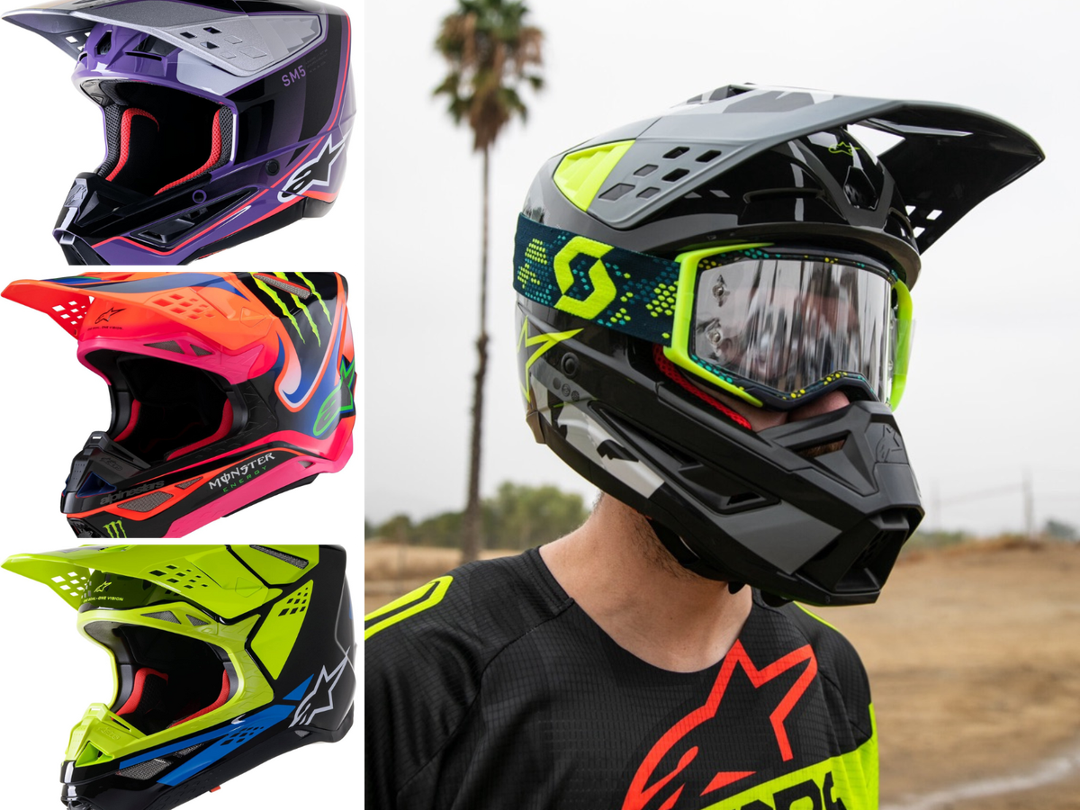 A man wearing his Alpinestars black helmet, 3 more colorful designs for your helmet.