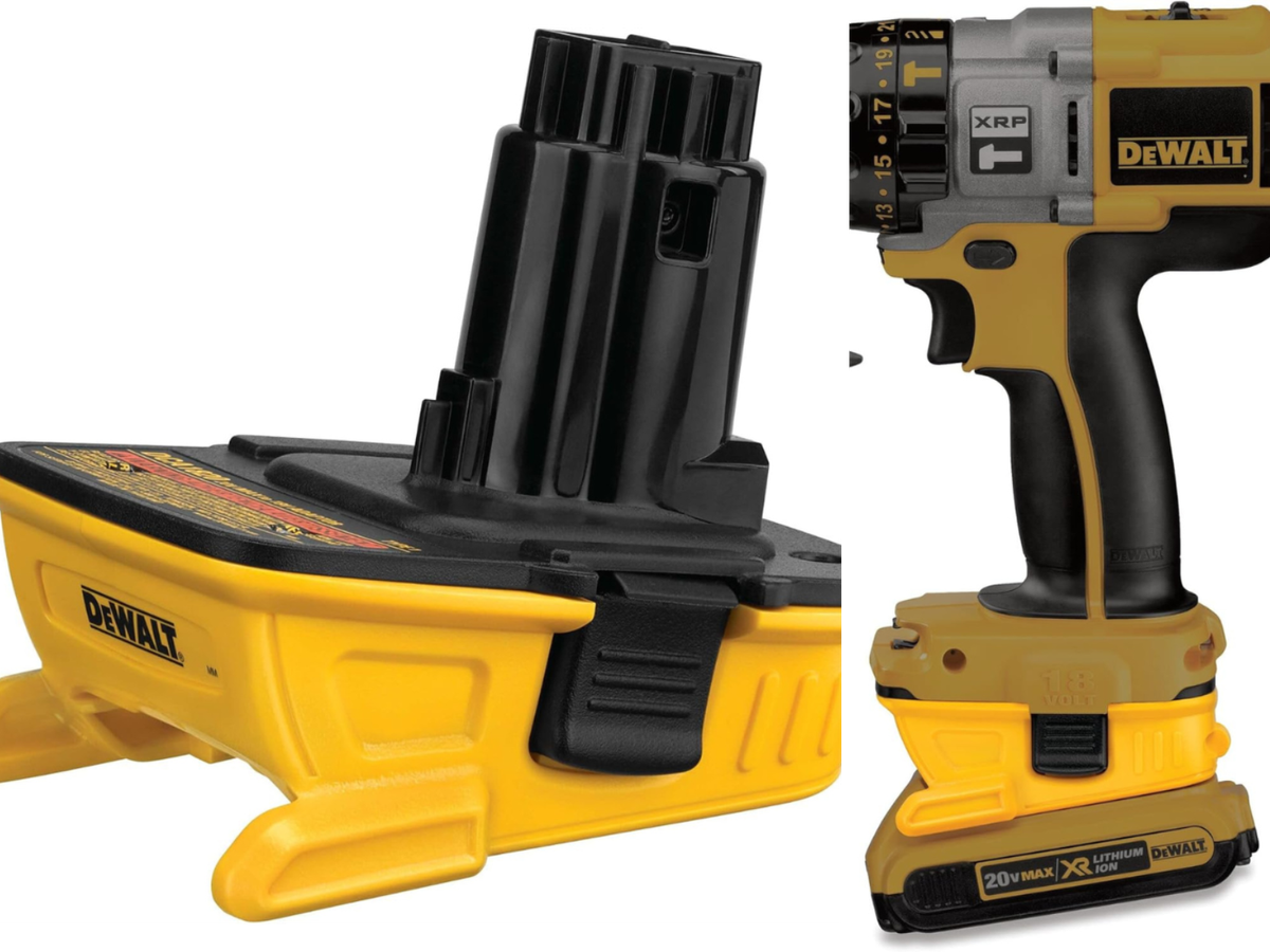 A drill with the 20v adapter and battery installed, and a close up of the DeWalt battery adapter.