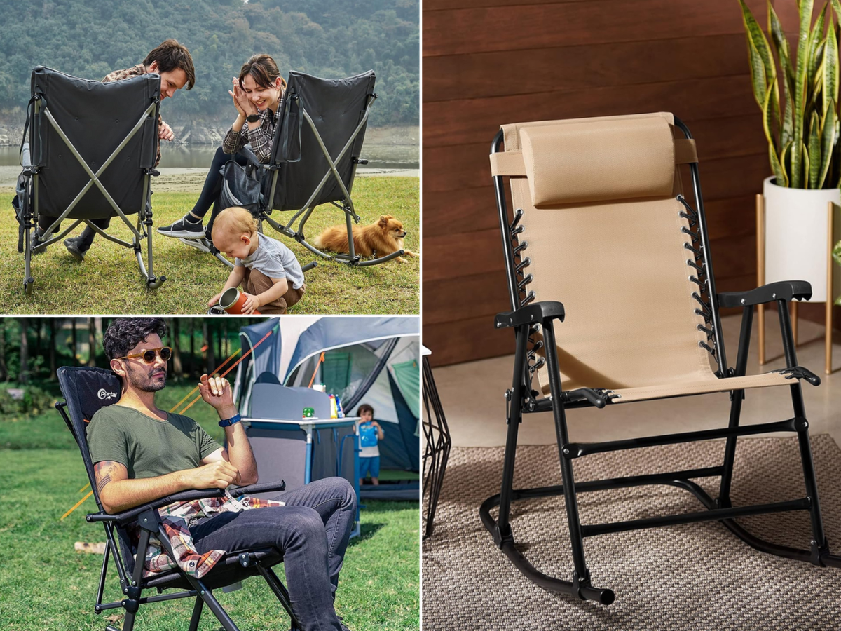 A couple with a dog watching a boy play, a man rocking at his campsite, and a outdoor rocker on a porch.