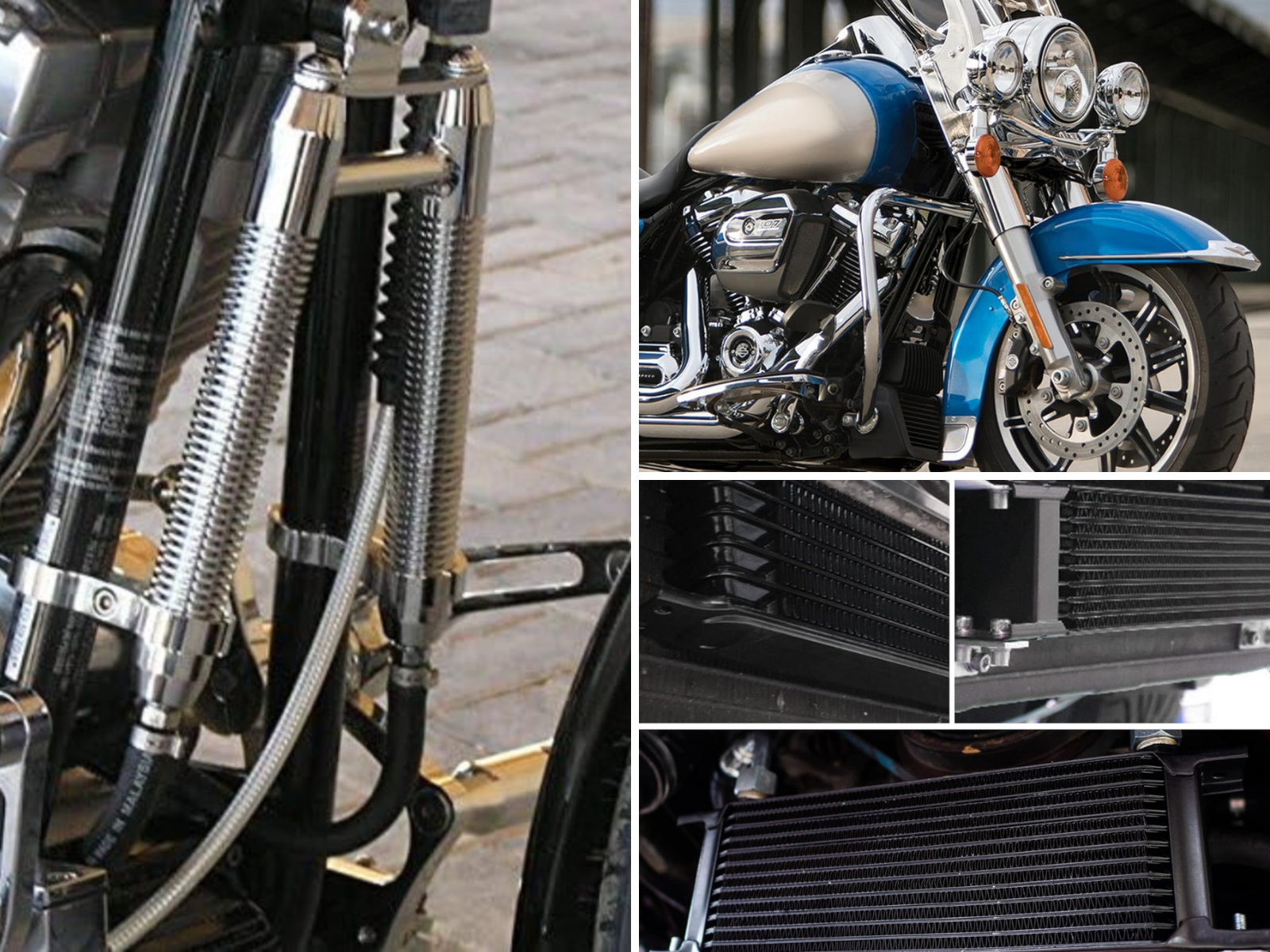 A downtube design on a bike, another with 3 close up pictures of an installed oil cooler, and 1 from a profile view.