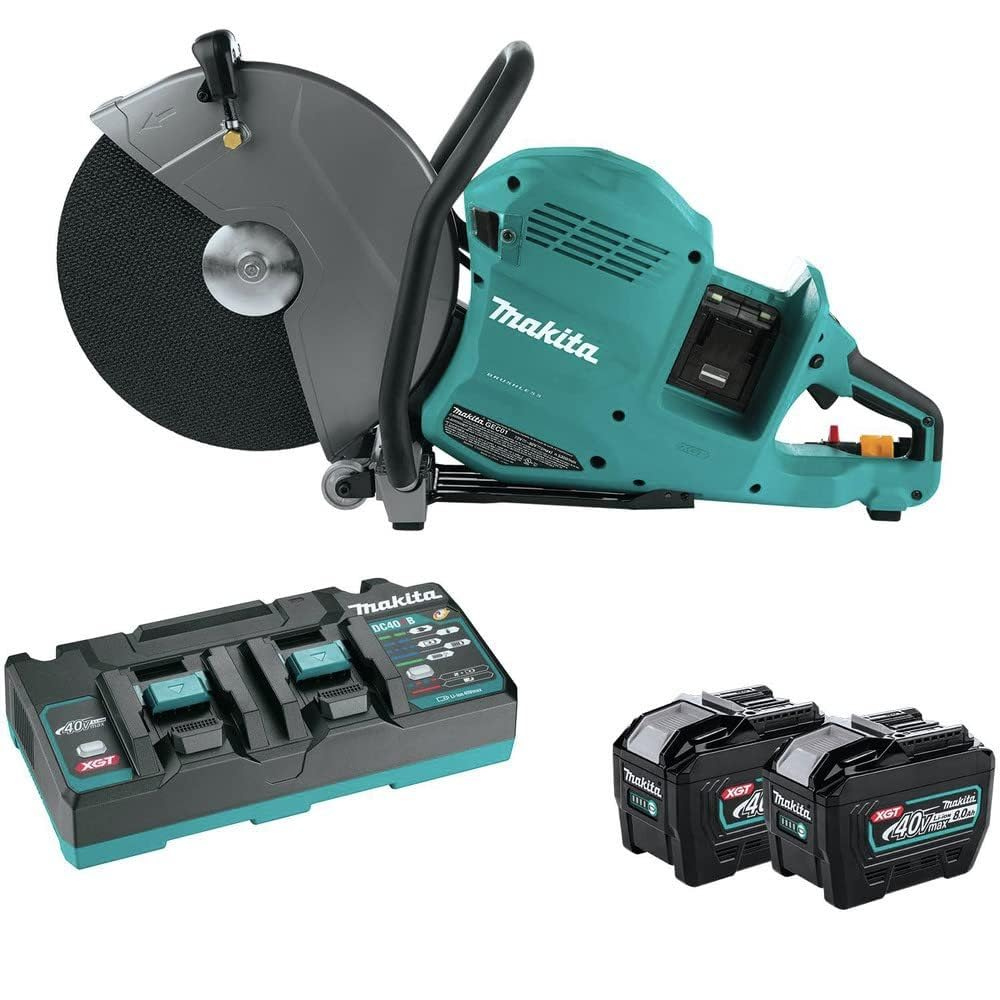 A 14 inch Makita saw with charger and 2 batteries.