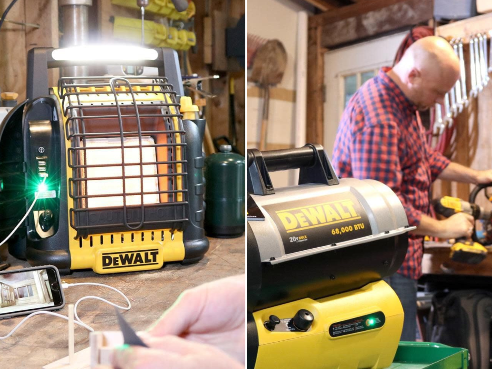 A small DeWalt heater charging a phone and using the LED light, and a larger heater being used during construction.