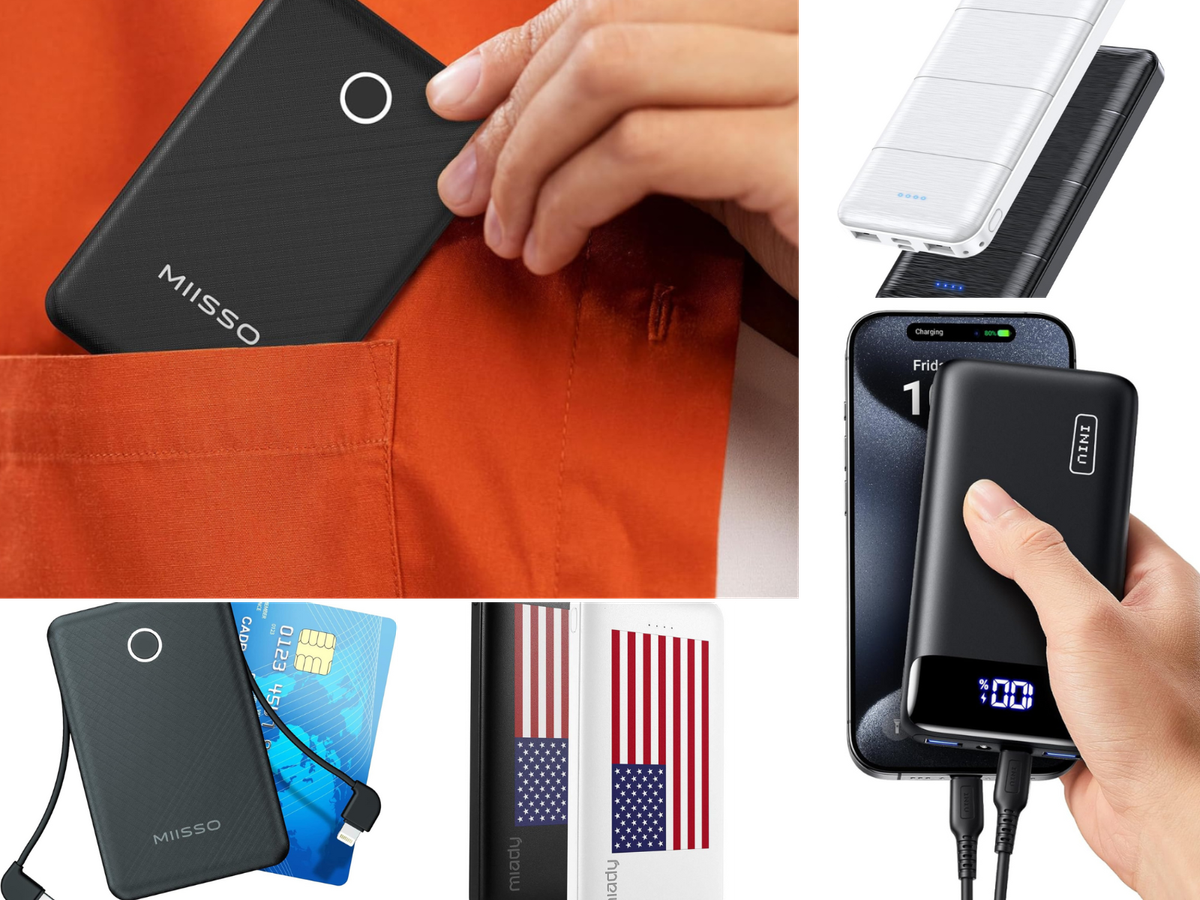 A credit card sized bank shown with a card and being put in a shirt pocket and more!