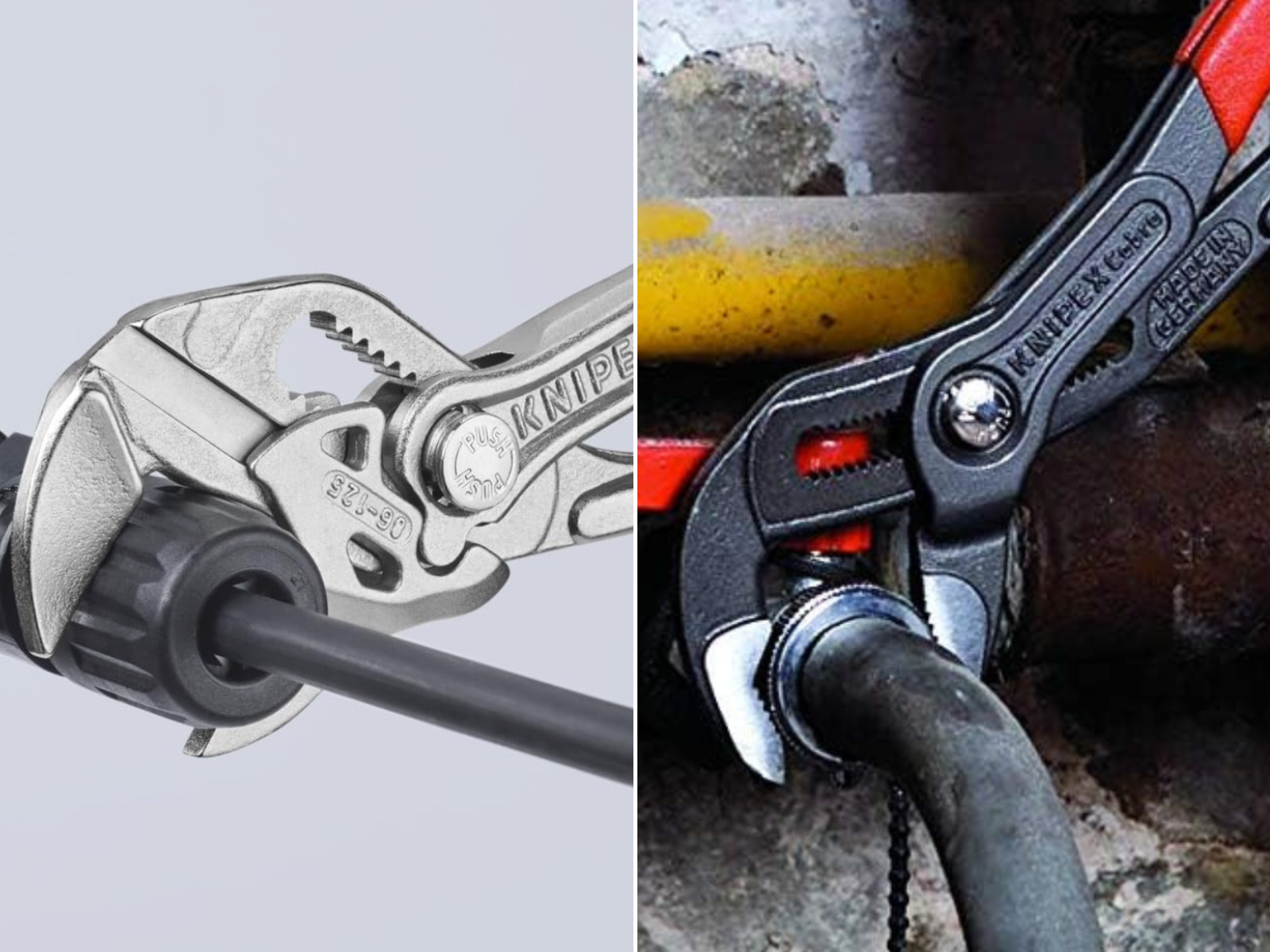 2 different pictures of Knipex pliers being used to tighten water lines.