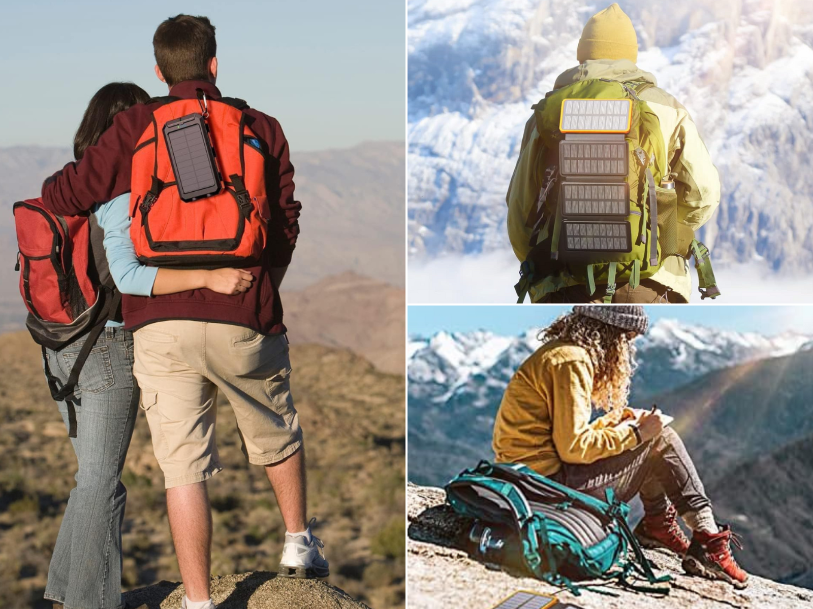 A couple looking off a mountain, a man hiking in the mountains, and a person sitting on a mountain charging a tablet.