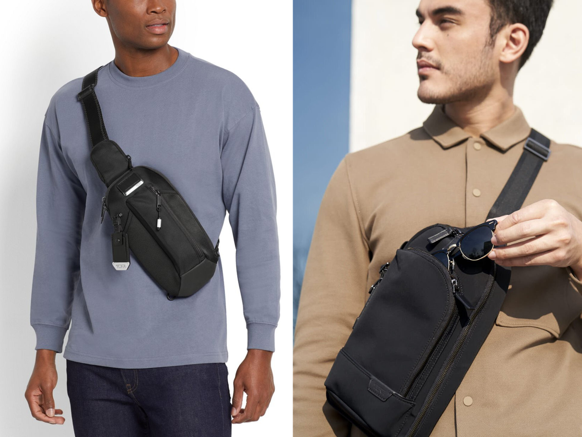 Two men wearing sling bags, one over the left shoulder and the other over the right.