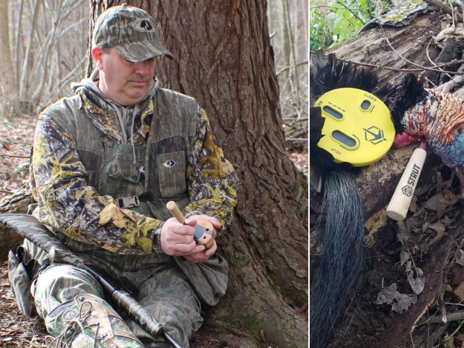 A man sitting in camo against a tree with shotgun calling turkeys, a call and beard laying on a down tree.