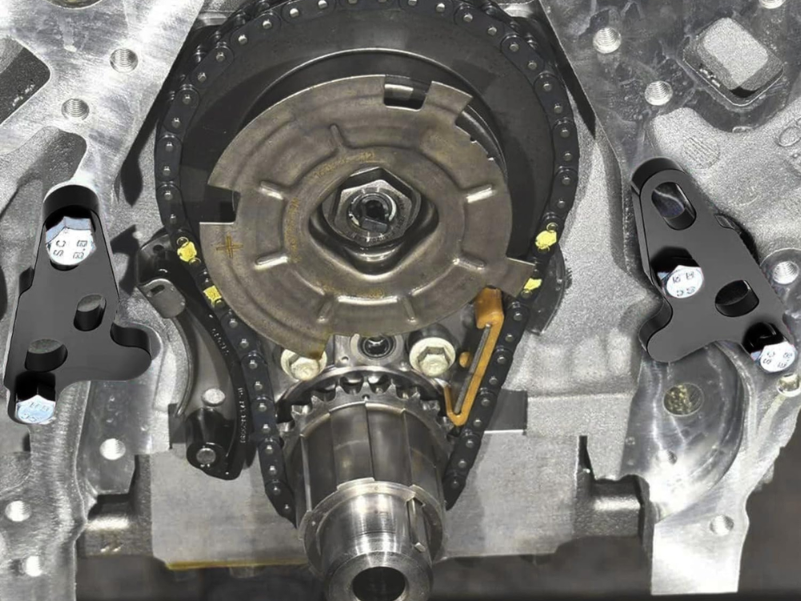 An alignment tool installed on a LS engine with timing chain.