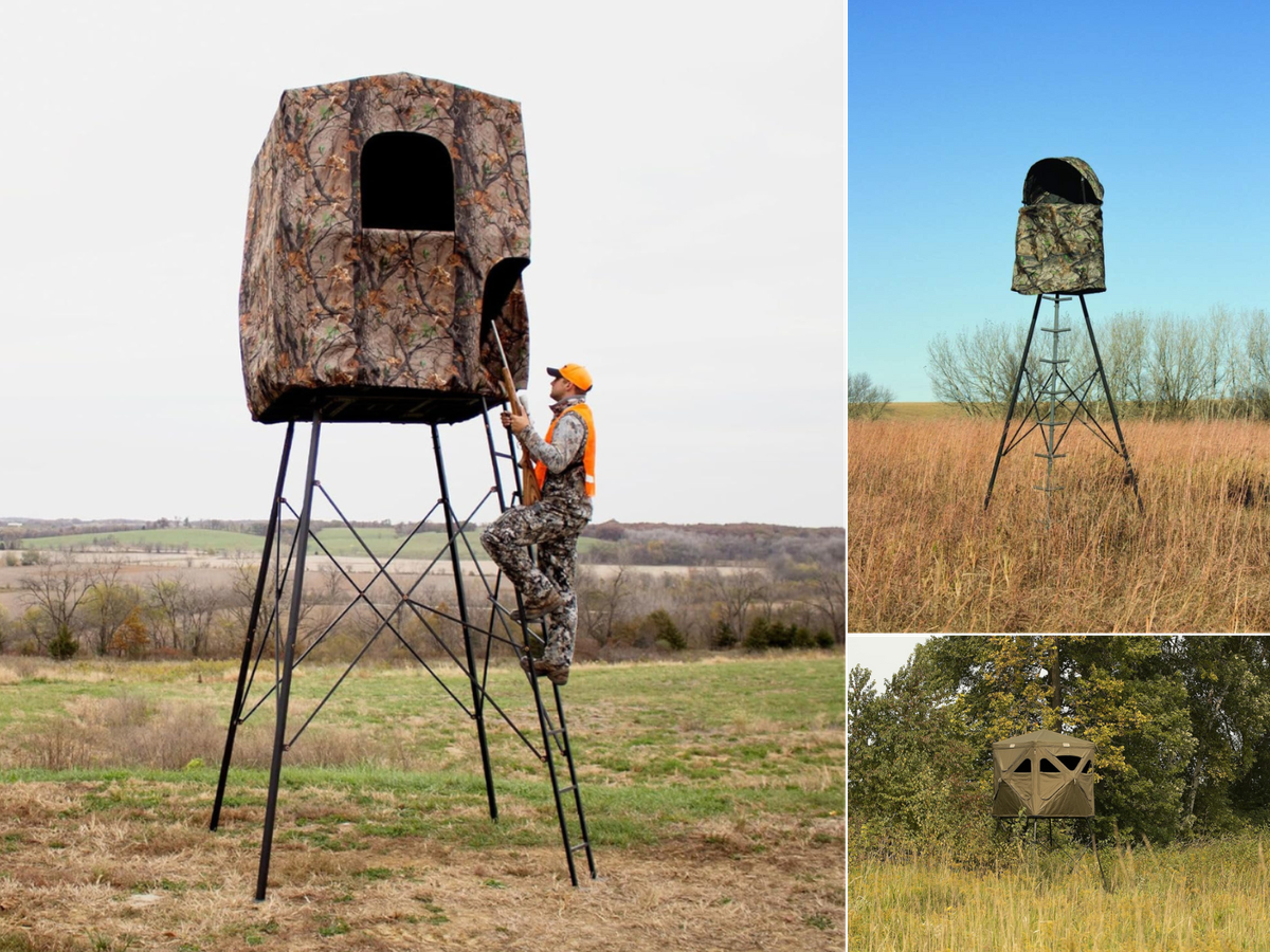 2 different style elevated blinds in fields and a man climbing into his hunting blin