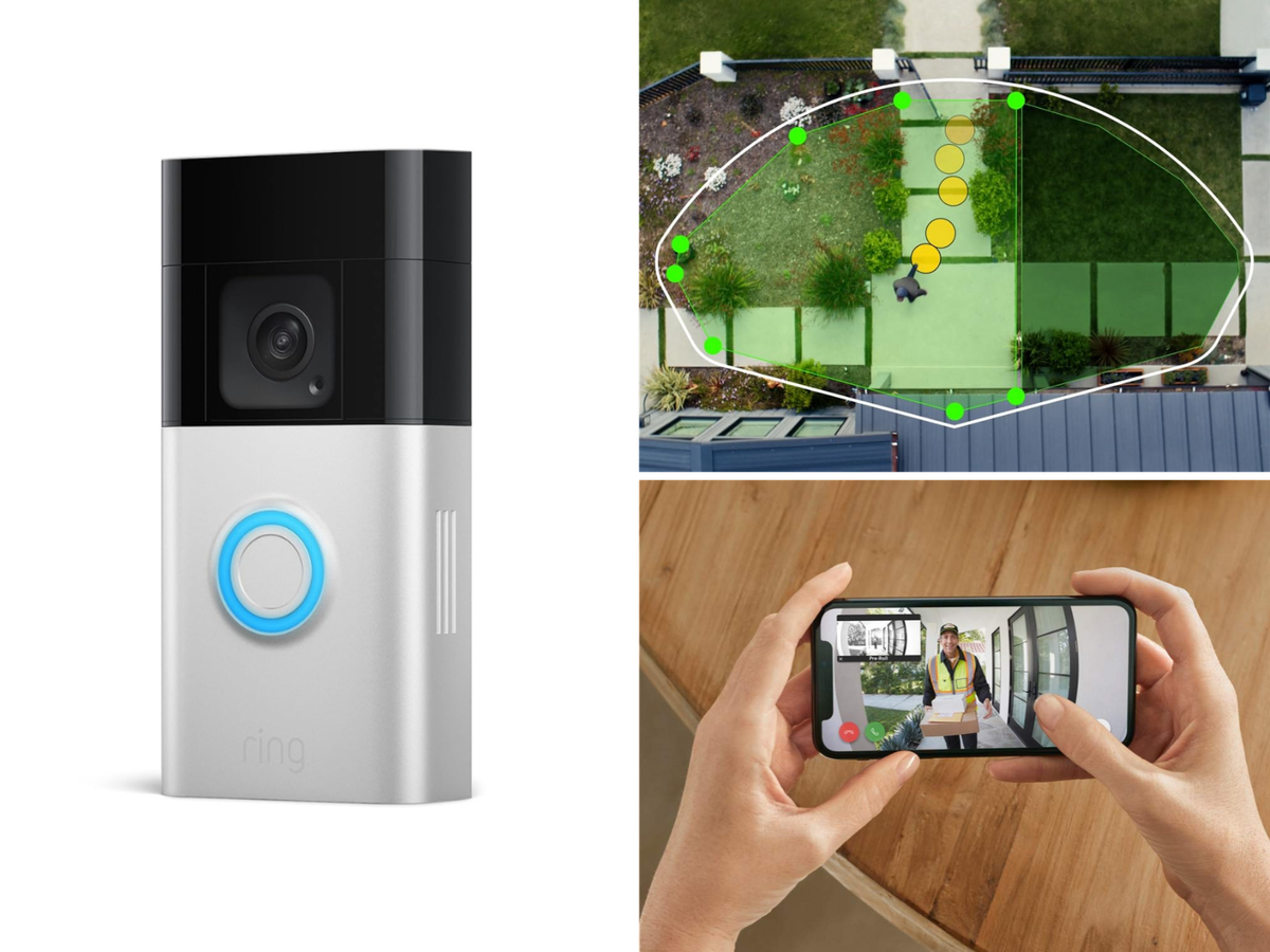 A Ring doorbell, showing coverage areas, and a picture from it being used to talk to someone.