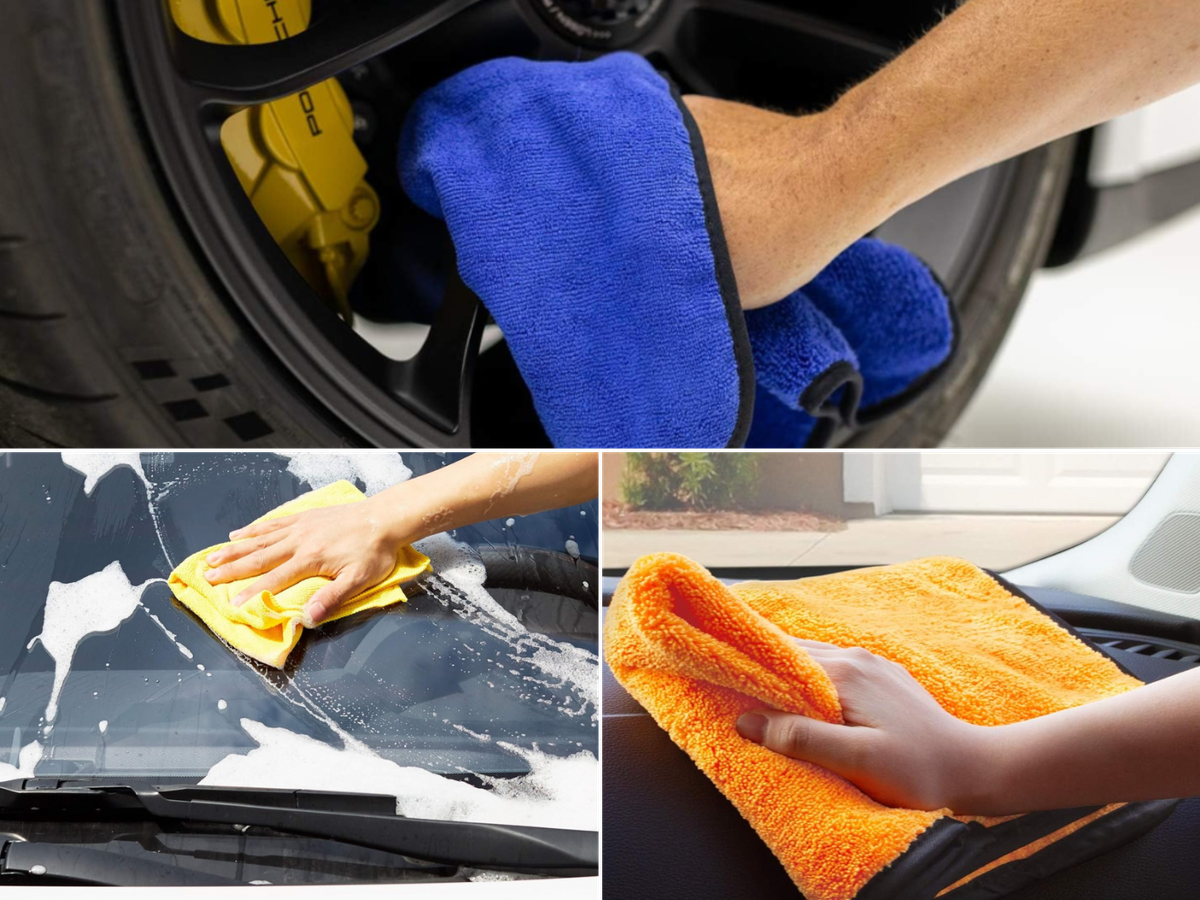 A man cleaning a wheel, another washing the windshield and someone cleaning the interior.