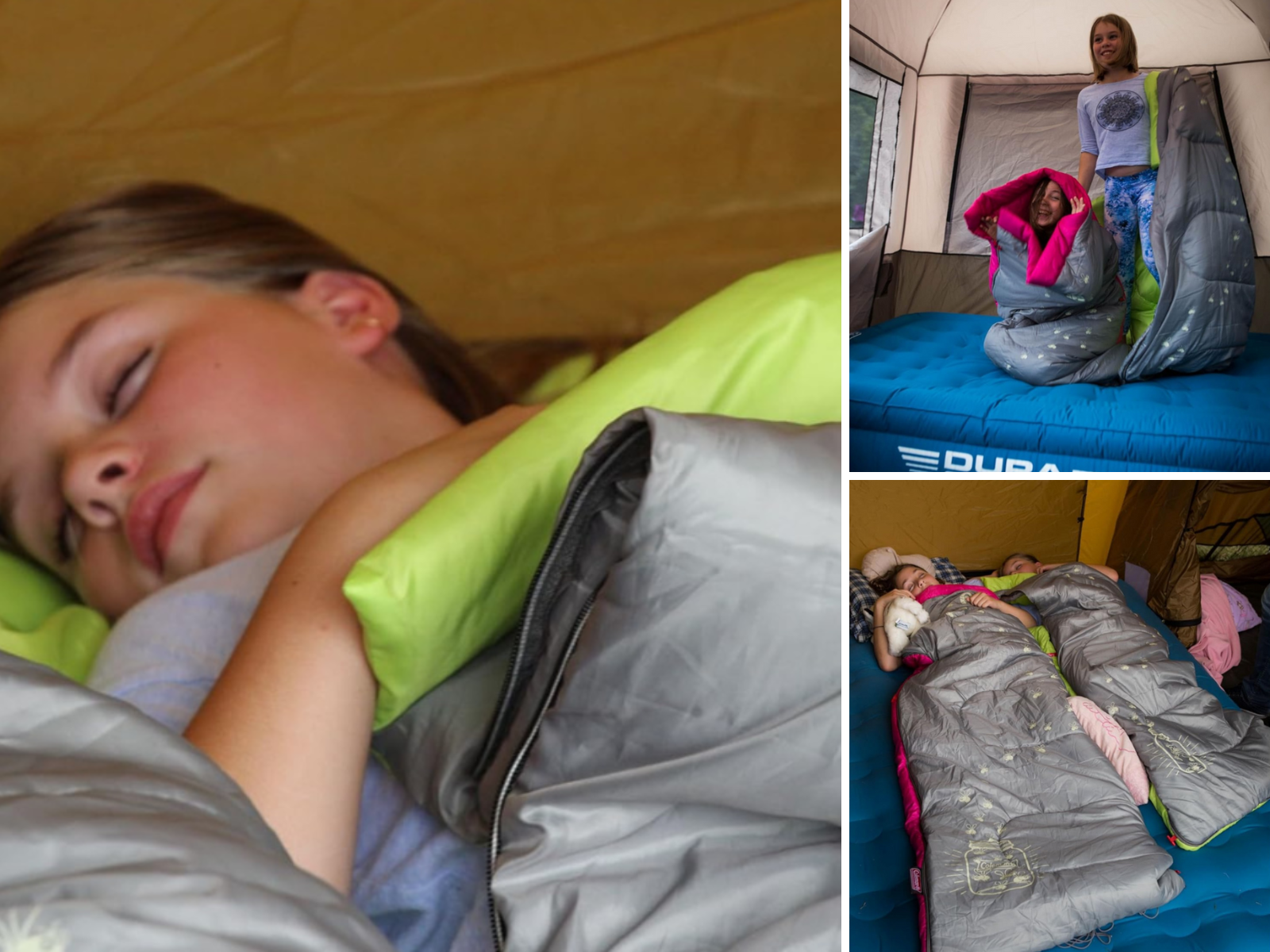 Three pictures of kids in a tents with their sleeping bagx while camping