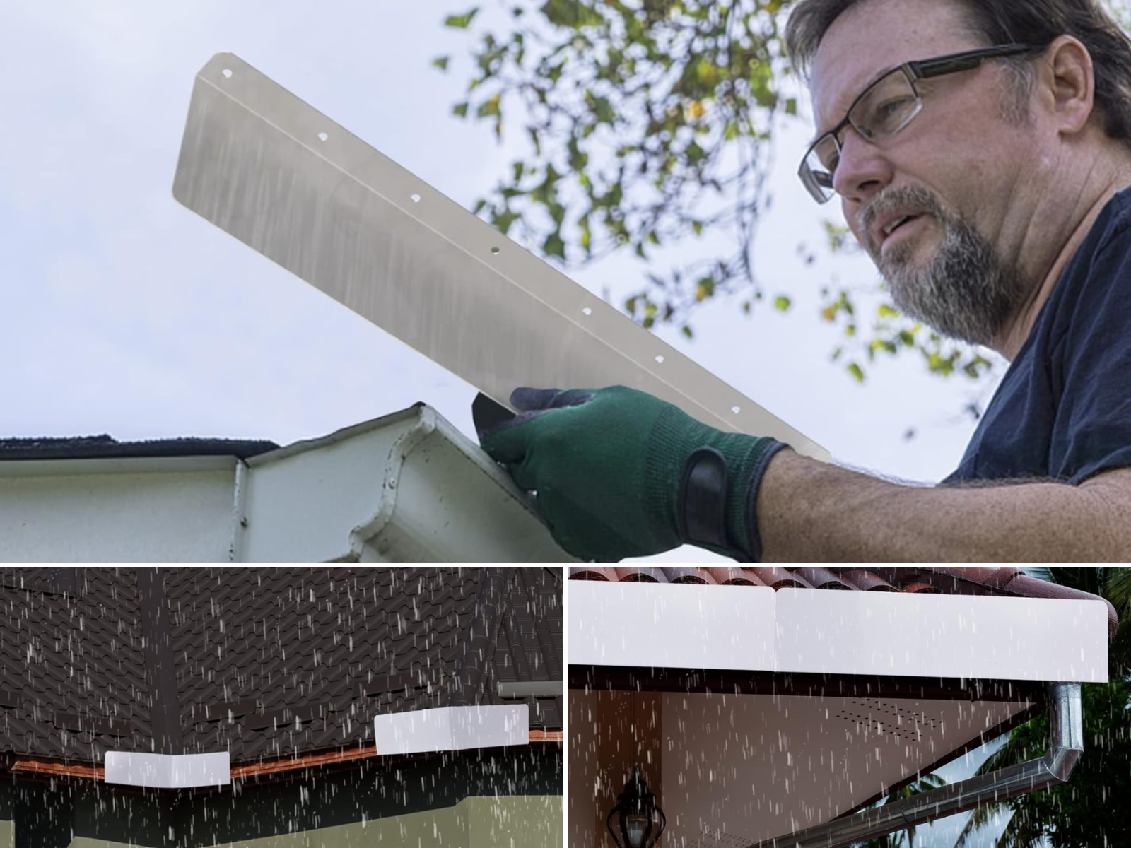 A man installing gutter splash guards, splash guards installed on shingle and clay roof.