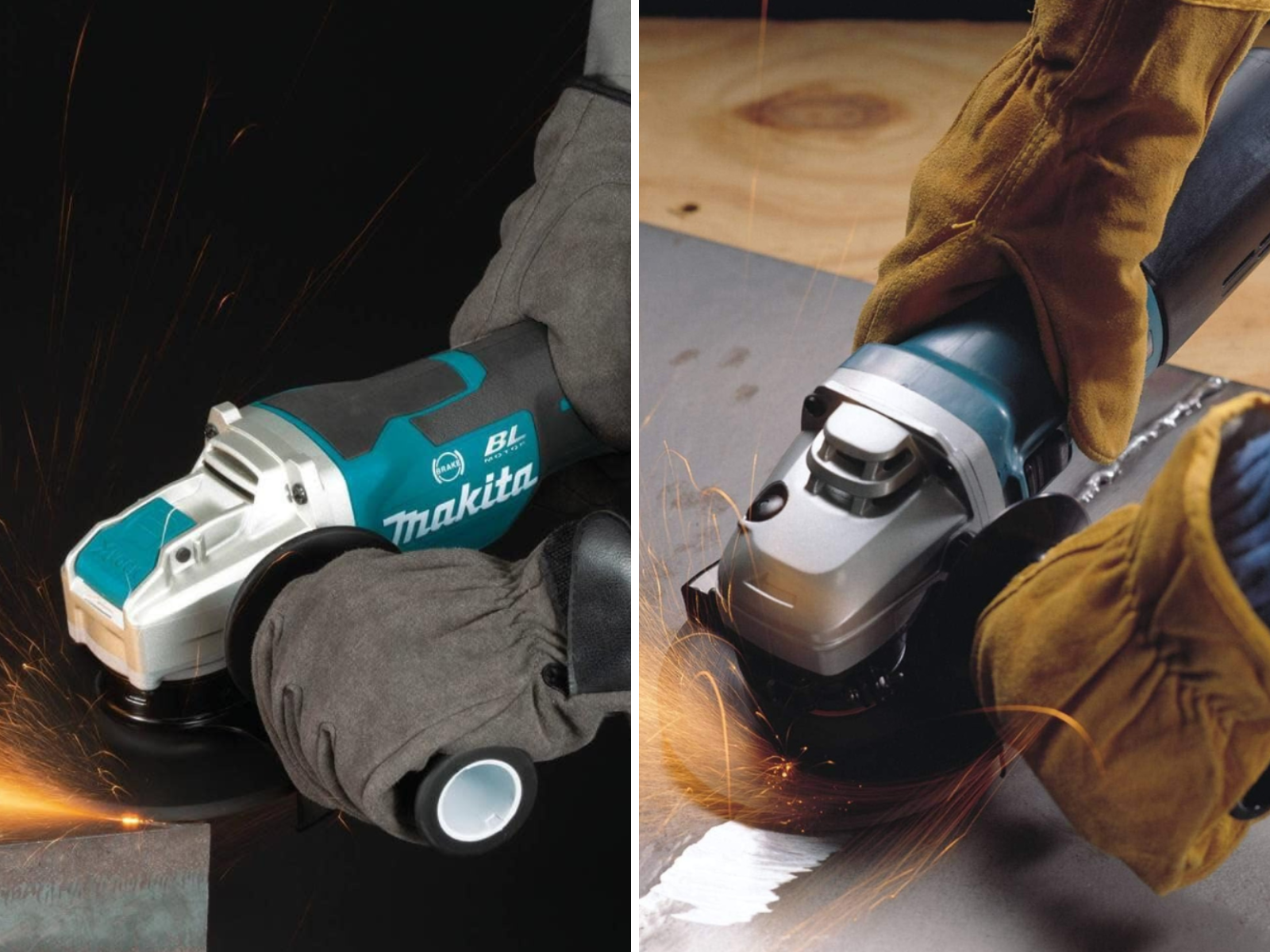 A man using a corded grinder, and another using a cordless Makita