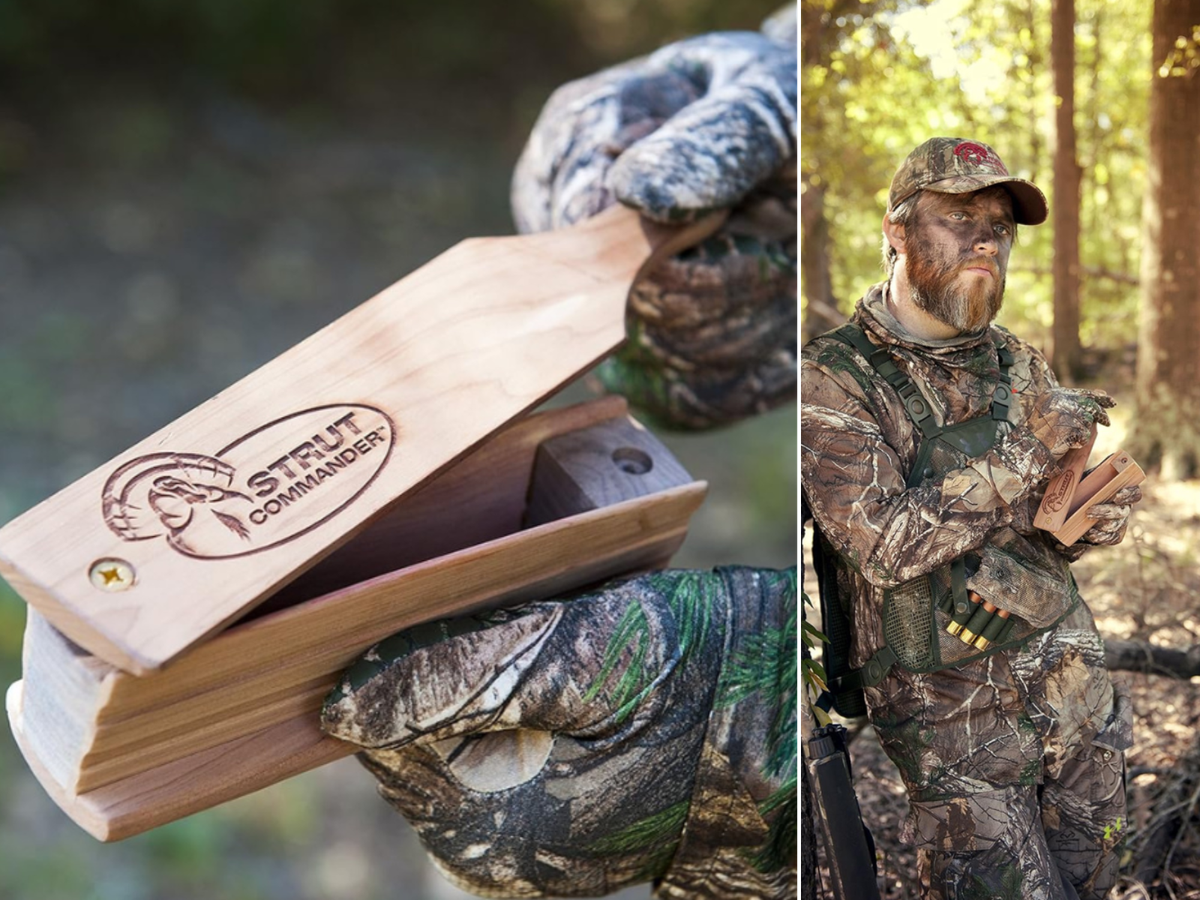 A close up of a box call, a man in camo leaning against a tree calling turkey