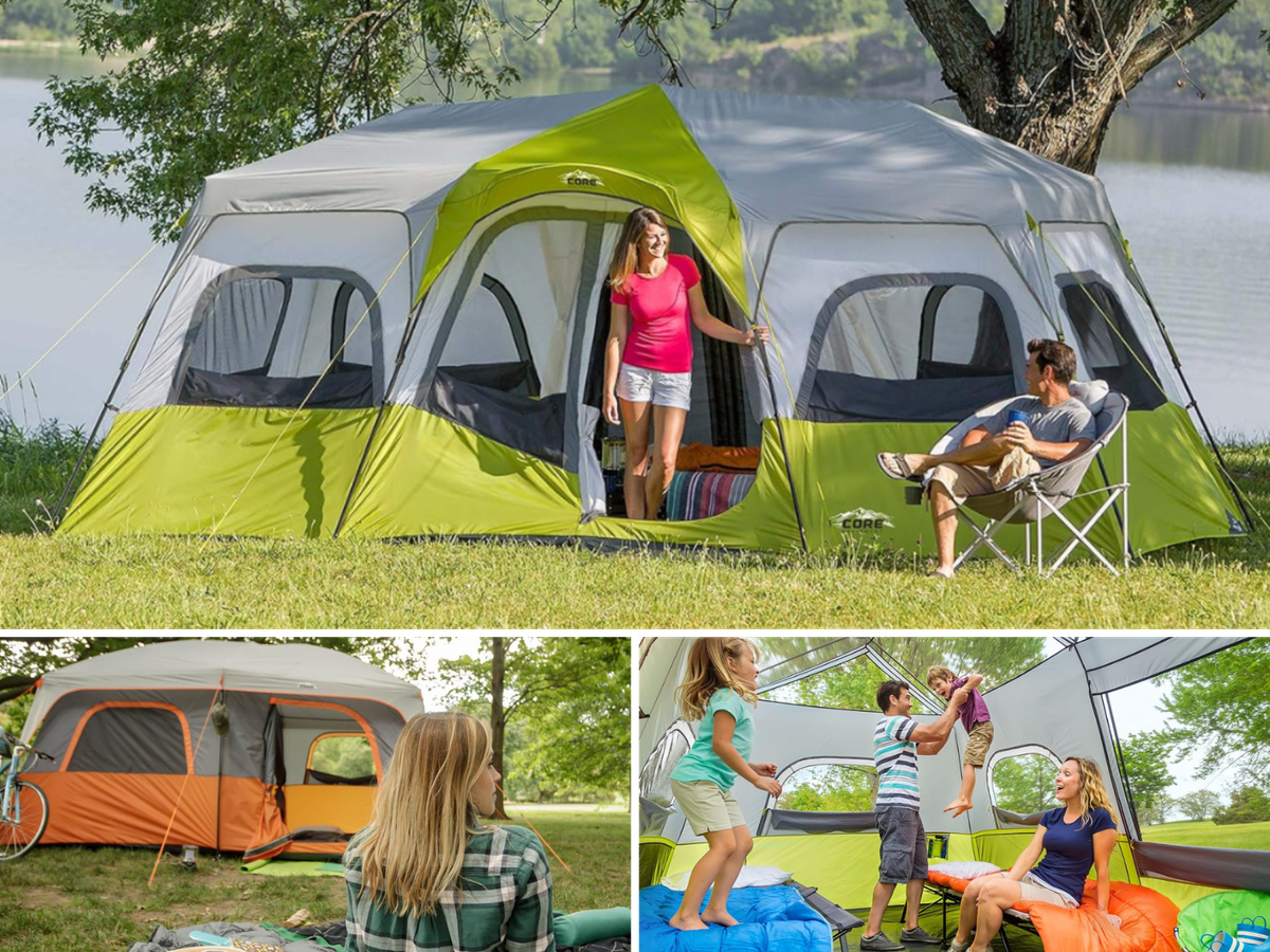 Three large tents set up in camping situations with people inside and out