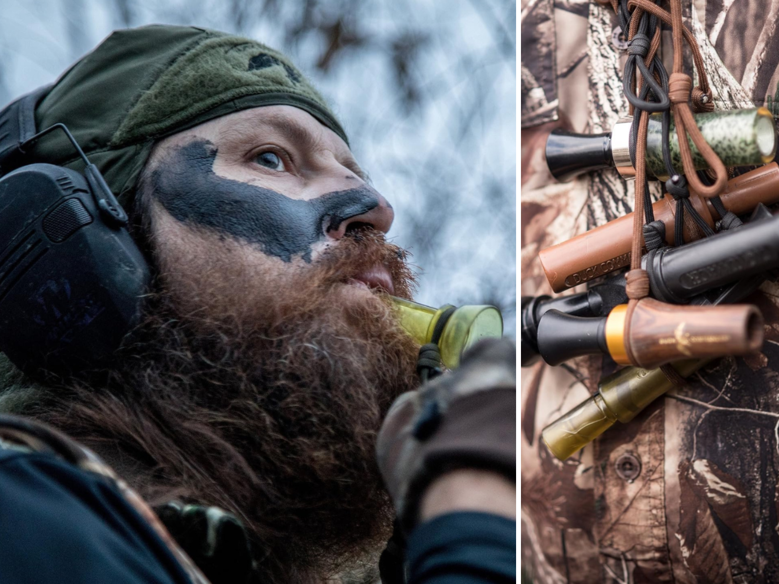 A man using a his call, and 6 calls hanging on lanyard.