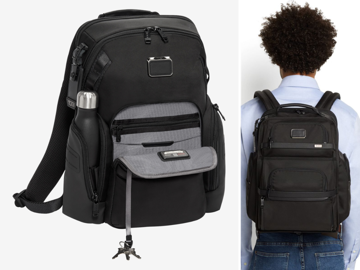 A Tumi backpack displayed with keys on a lanyard, and a man wearing a laptop backpack rear view.