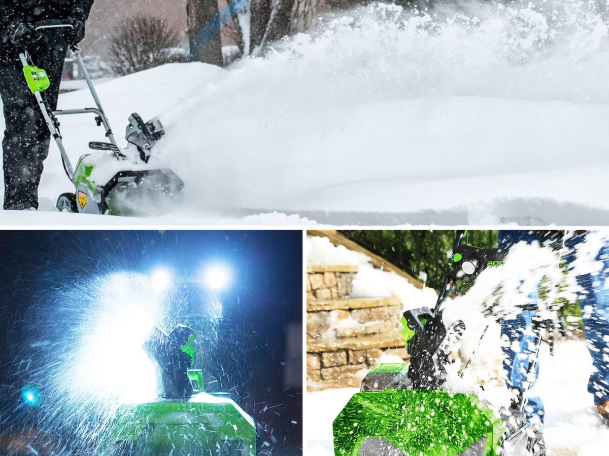 3 pictures of snow blowers in use, 1 at night with headlights from the Greenworks blower.