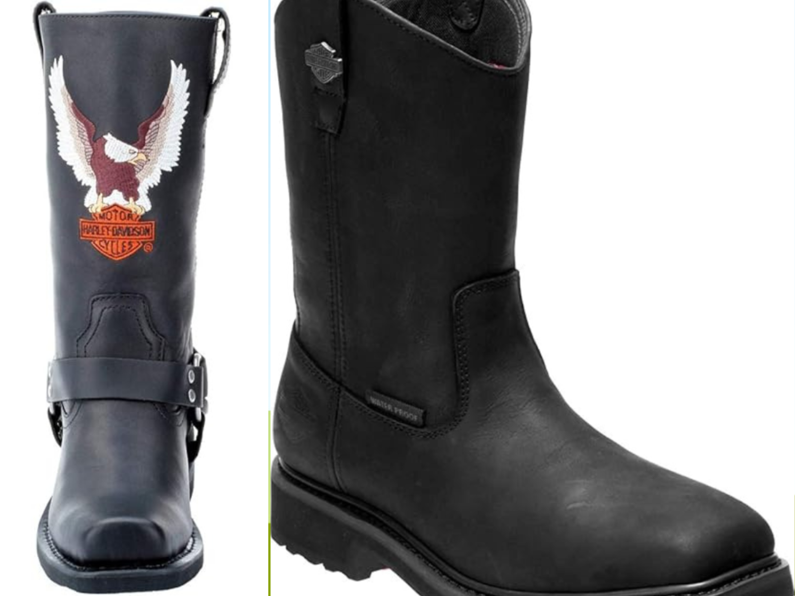 A waterproof square toe cowboy boot by Harley Davidson with an eagle, and a plain square toe boot.