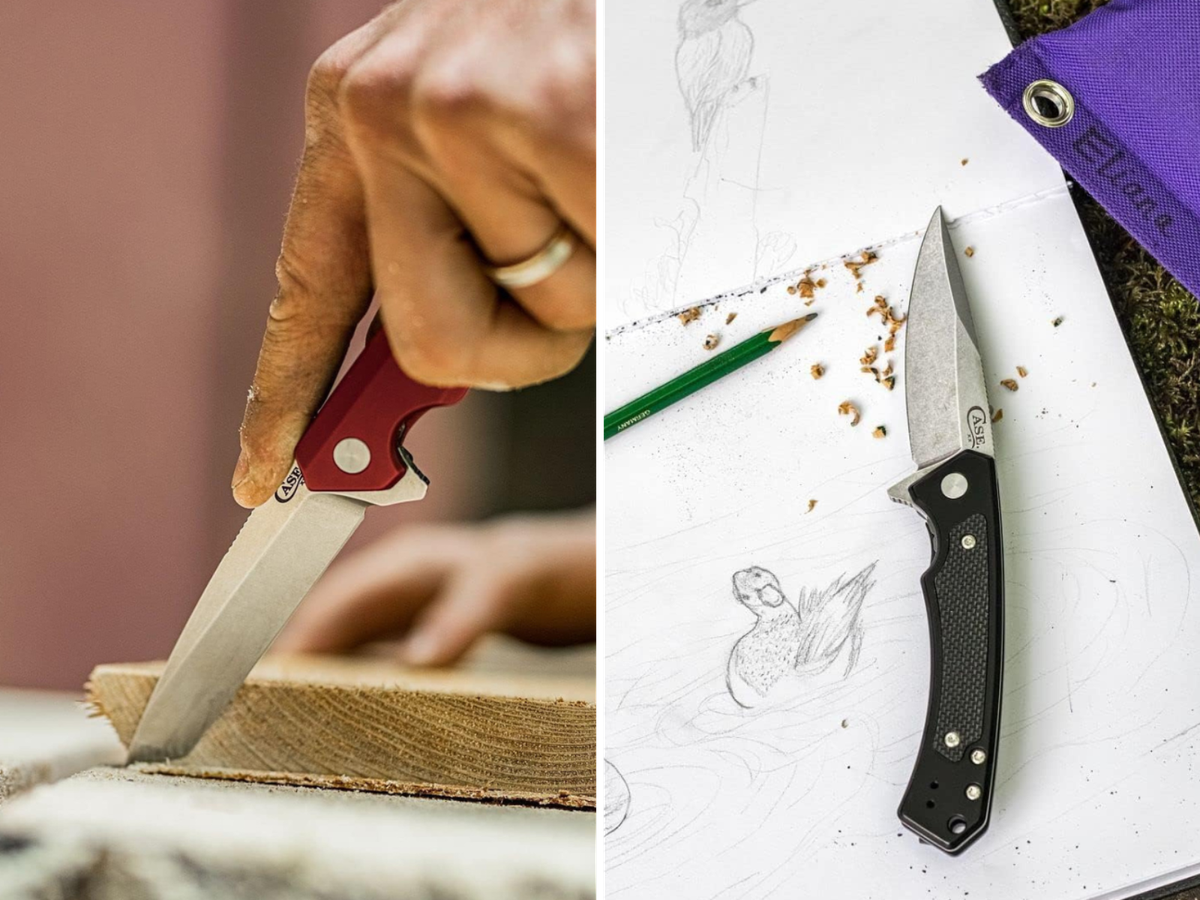 A black pocket clip knife laying on a drawing of a bird, and a man trimming a boards edge with a red knife